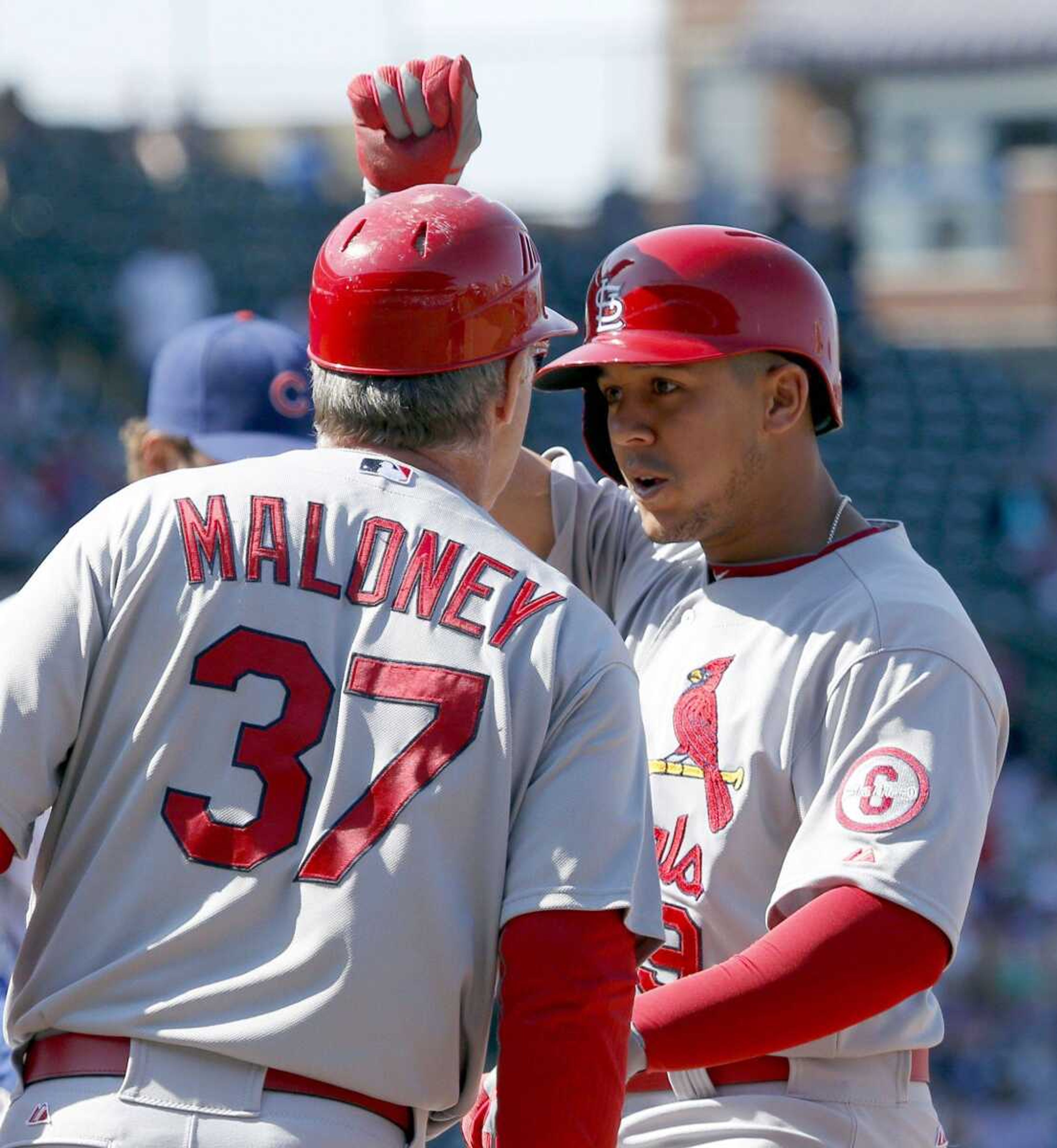 Jon Jay pumps his fist after driving in the go-ahead run in the eighth inning of Wednesday&#8217;s 5-4 win over Chicago. (Charles Rex Arbogast ~ Associated Press)