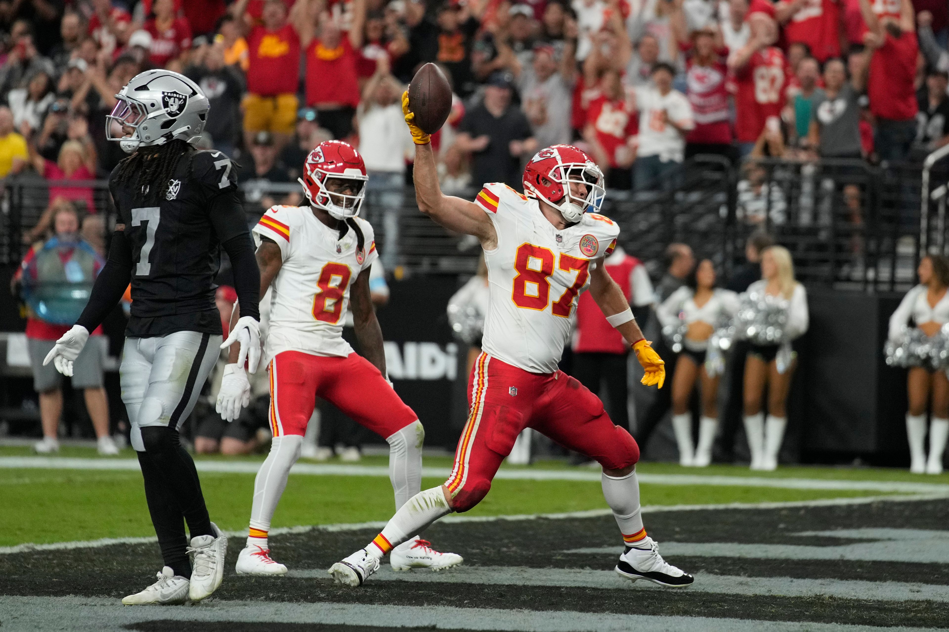 Kansas City Chiefs tight end Travis Kelce (87) celebrates after catching a touchdown pass during the first half of an NFL football game against the Las Vegas Raiders Sunday, Oct. 27, 2024, in Las Vegas. (AP Photo/John Locher)