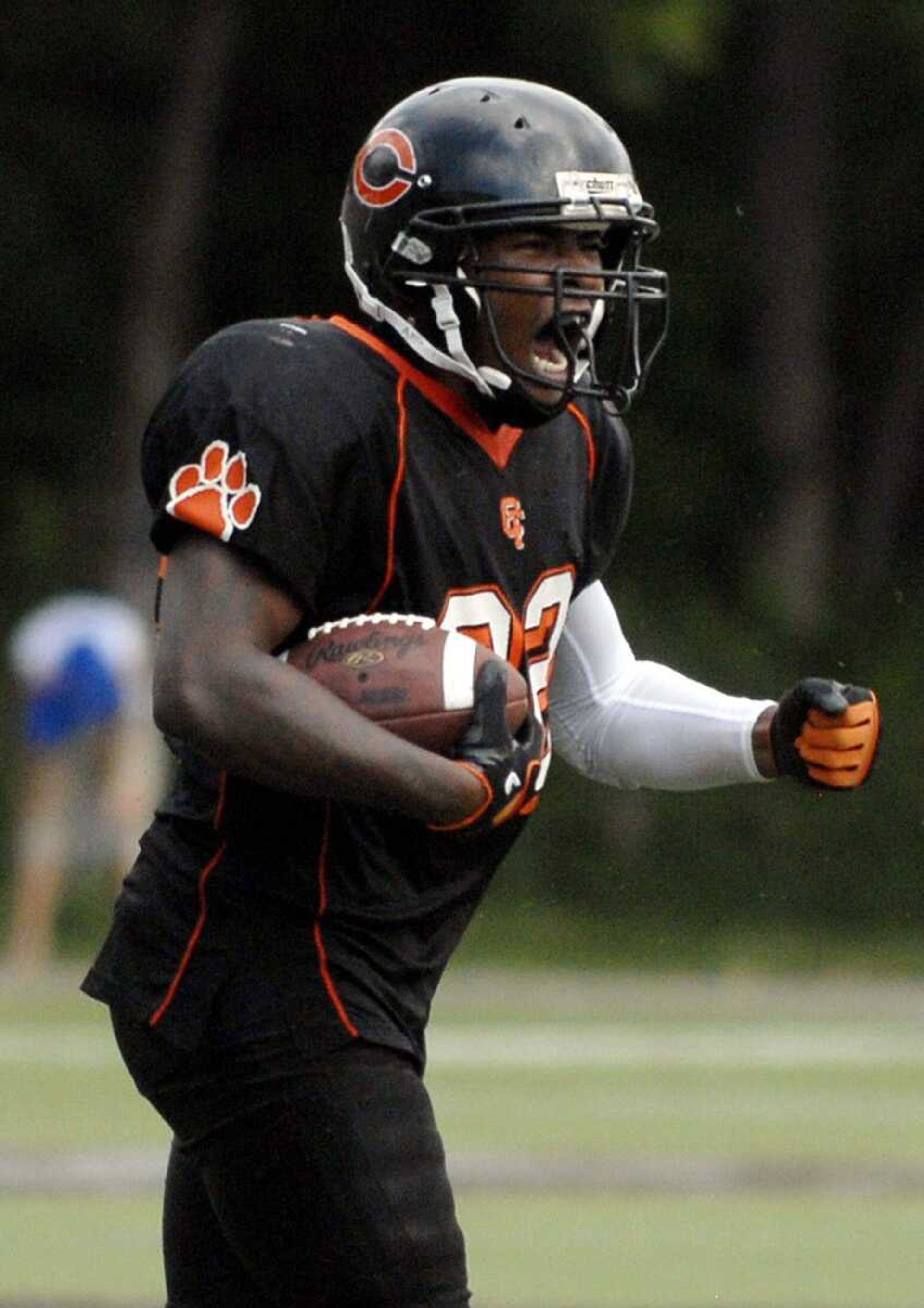 Central senior Keilon Moore reacts after one of his two interceptions against Obion County, Tenn., during their game Saturday at Houck Stadium. (Laura Simon)