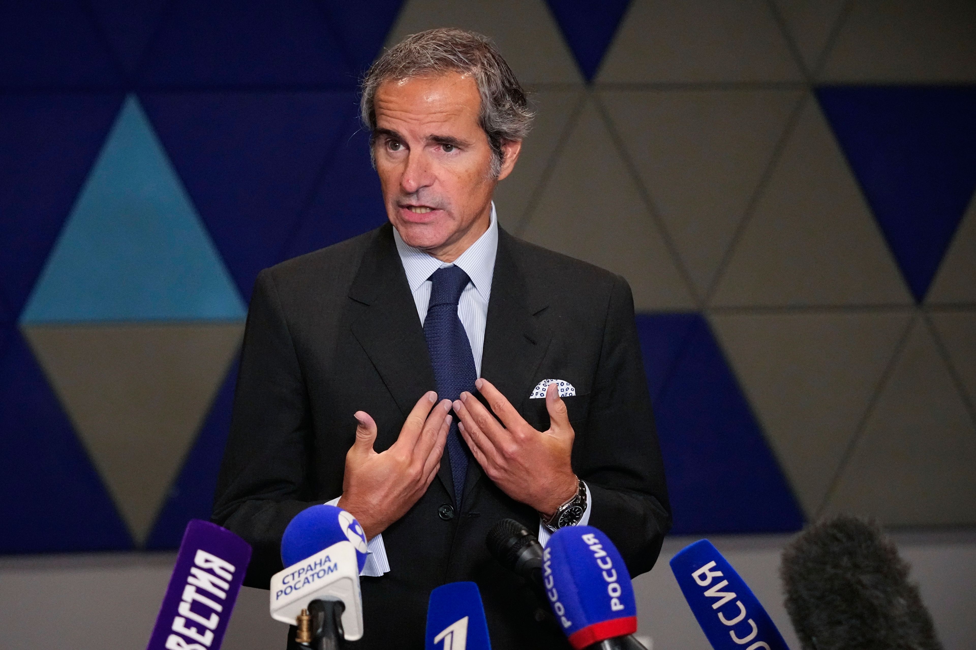 International Atomic Energy Agency (IAEA) Director General Rafael Mariano Grossi speaks to the media after his talks with Rosatom State Atomic Energy Corporation Director General Alexey Likhachev in Kaliningrad, Russia, on Friday, Sept. 6, 2024. (AP Photo/Alexander Zemlianichenko)