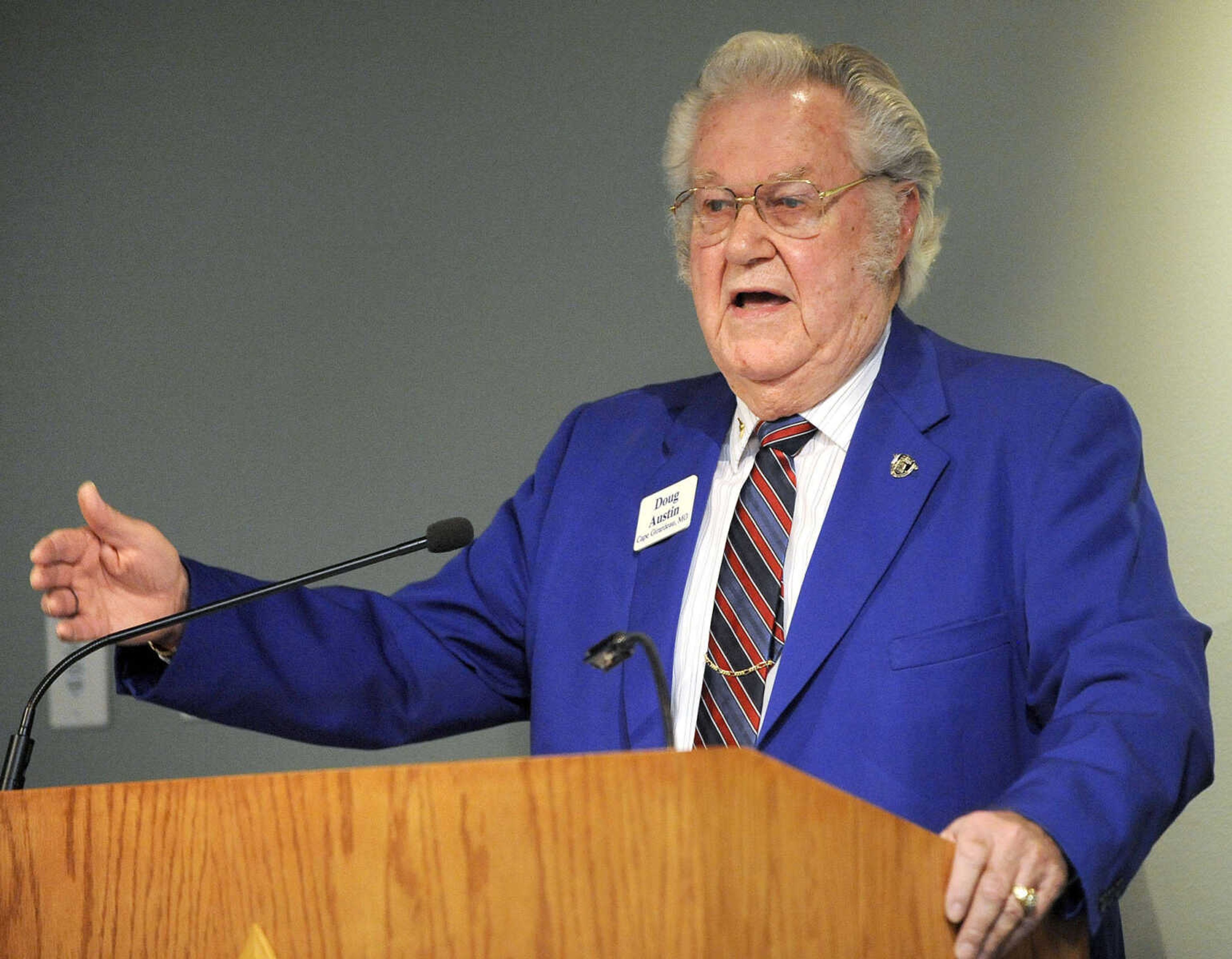 FRED LYNCH ~ flynch@semissourian.com
Doug Austin welcomes the audience to the Cape Girardeau Law Enforcement Appreciation Day program Tuesday, April 21, 2015 at the Conservation Nature Center in Cape County Park North.