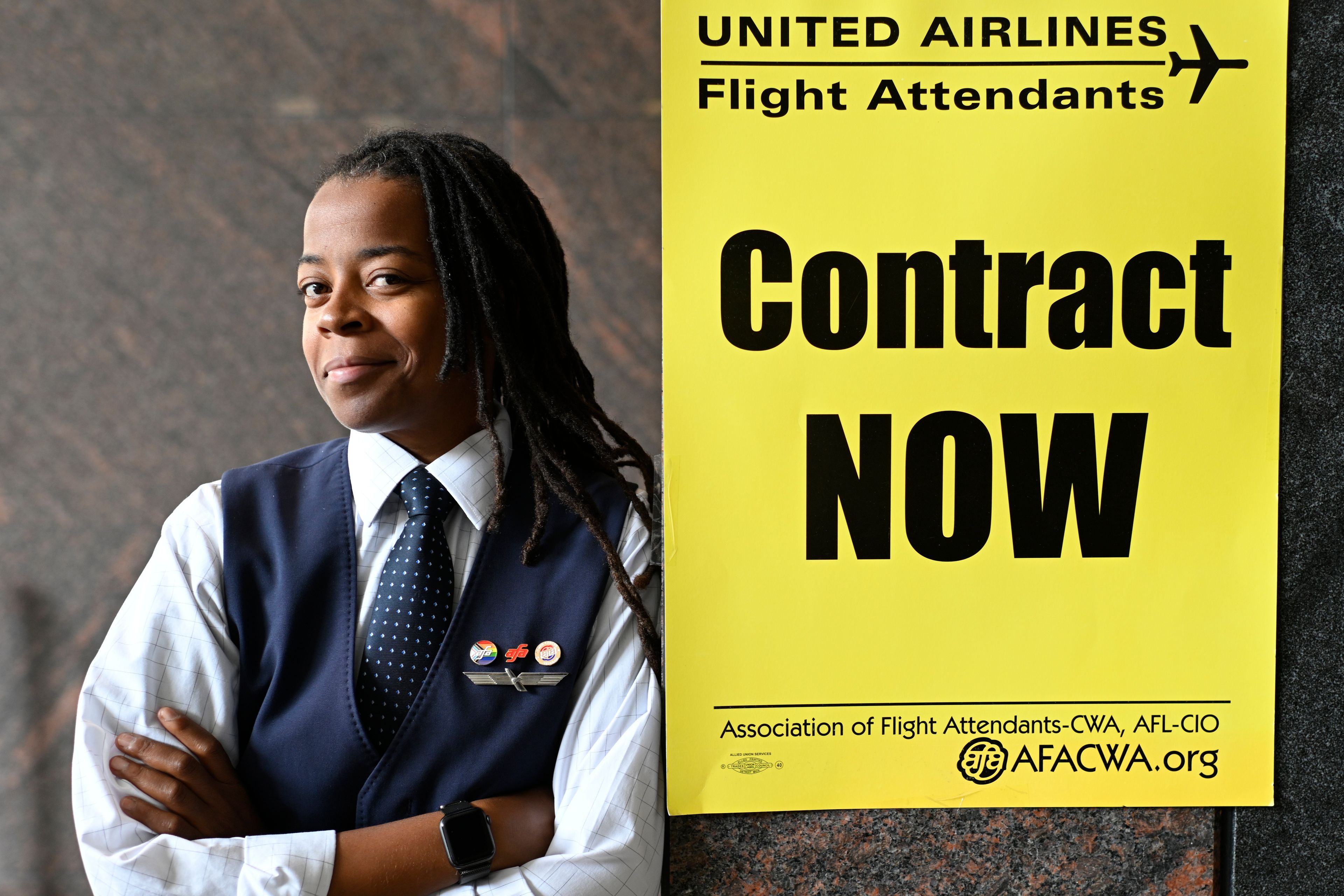 Keturah Johnson, international vice president for flight attendant union AFA-CWA, poses for a portrait in her headquarters office, Wednesday, Sept. 18, 2024, in Washington. (AP Photo/John McDonnell)