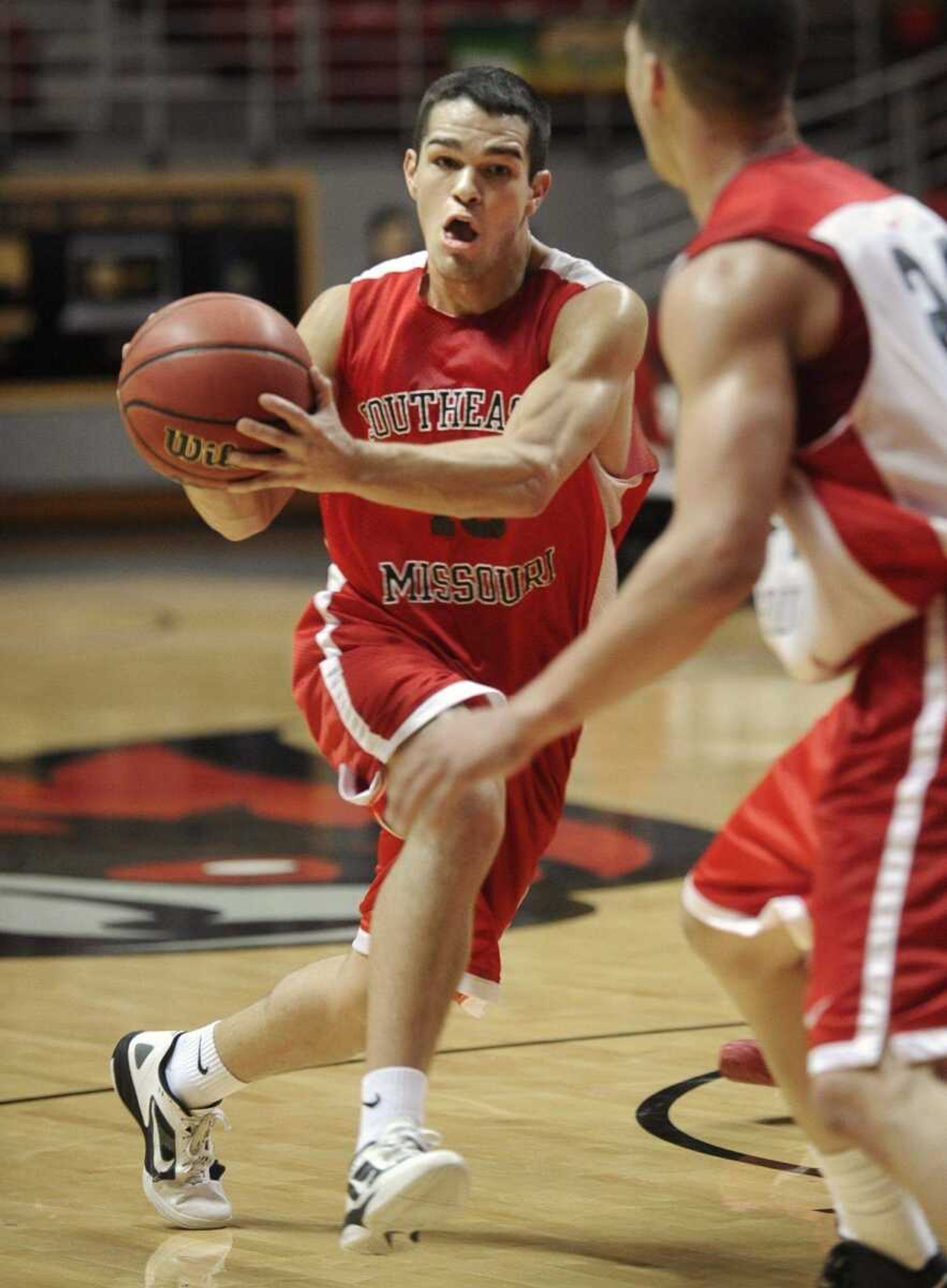 Lucas Nutt drives against Jared White during the Southeast men&#8217;s basketball scrimmage Saturday at the Show Me Center. (Fred Lynch)