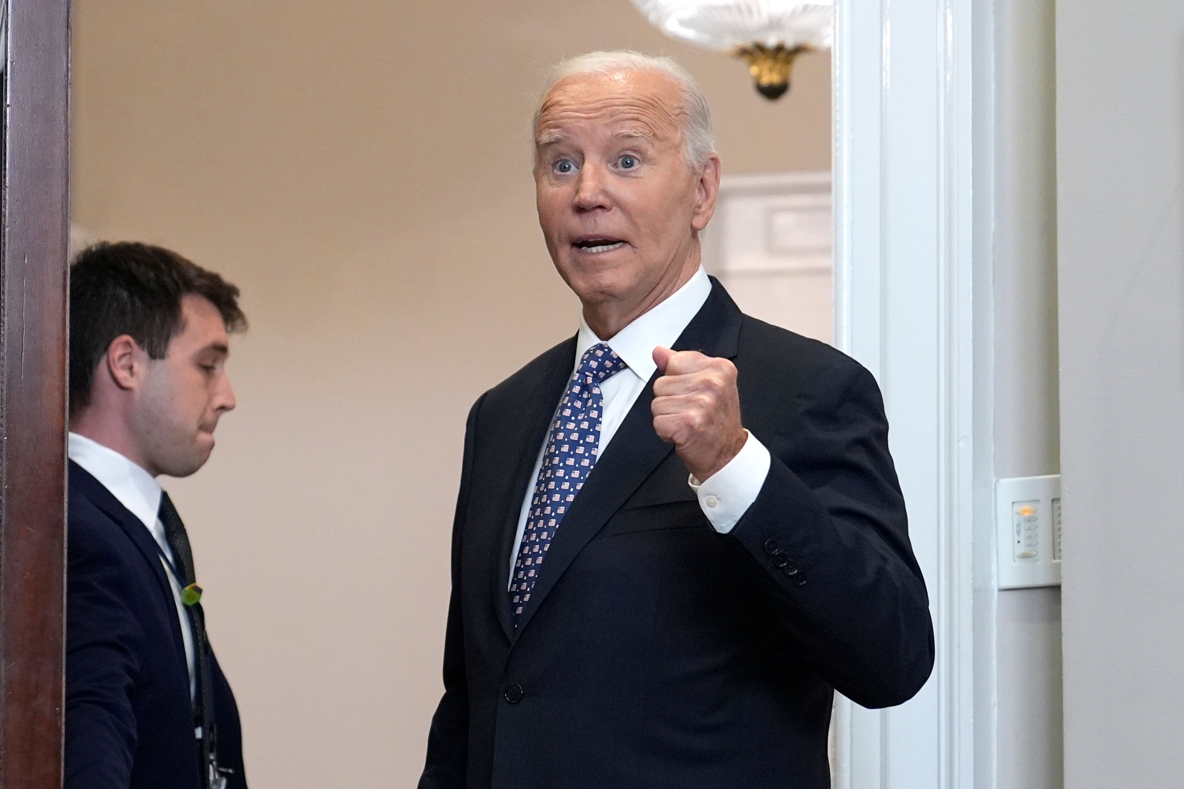 President Joe Biden speaks to reporters as he departs the Roosevelt Room of the White House in Washington after speaking about the federal response efforts for Hurricane Helene, Monday, Sept. 30, 2024. (AP Photo/Susan Walsh)