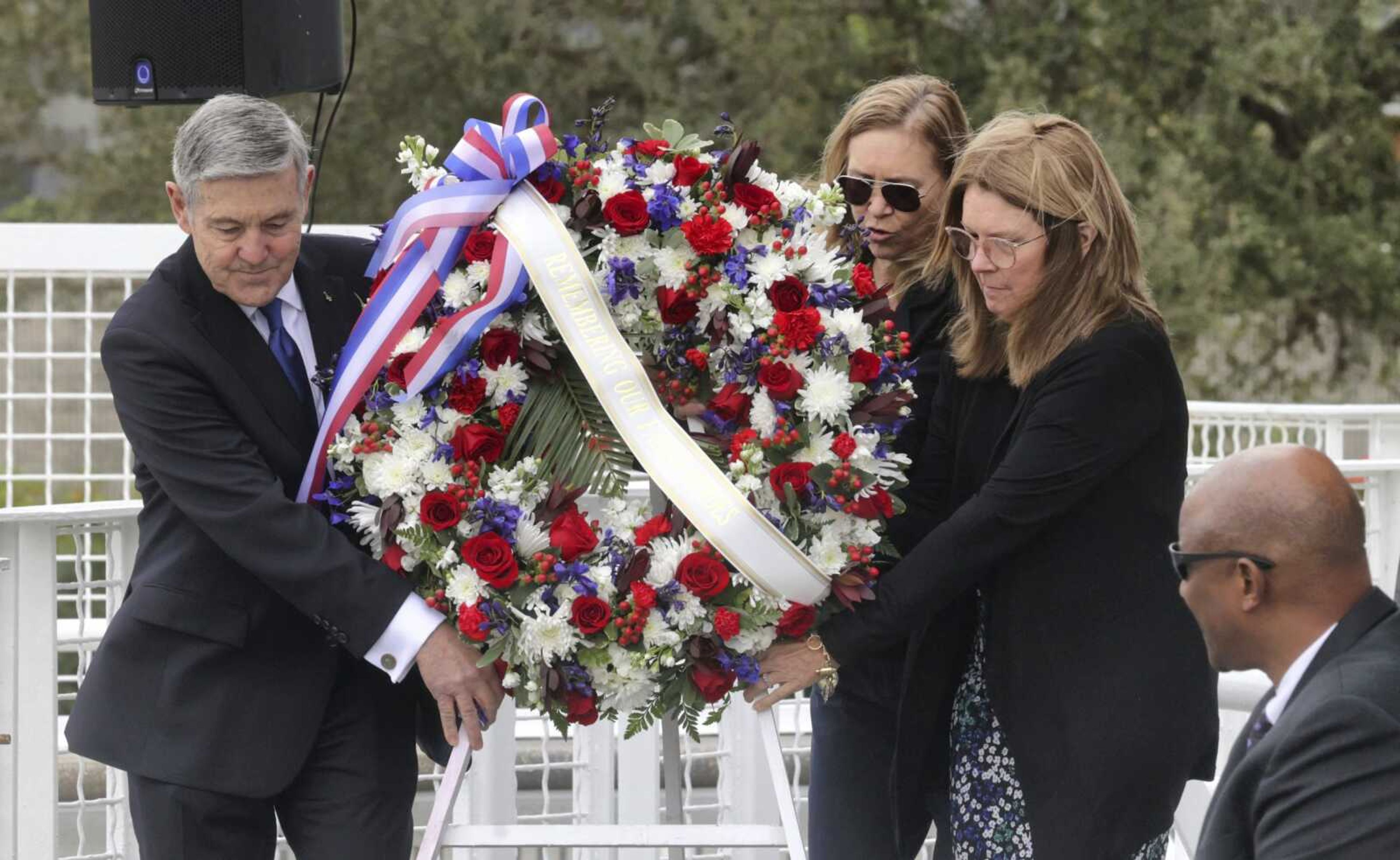 A wreath is presented Thursday during NASA's Day of Remembrance ceremony, hosted by the Astronauts Memorial Foundation at Kennedy Space Center Visitor Complex. NASA is marking the 20th anniversary of the space shuttle Columbia tragedy with somber ceremonies during its annual tribute to fallen astronauts.