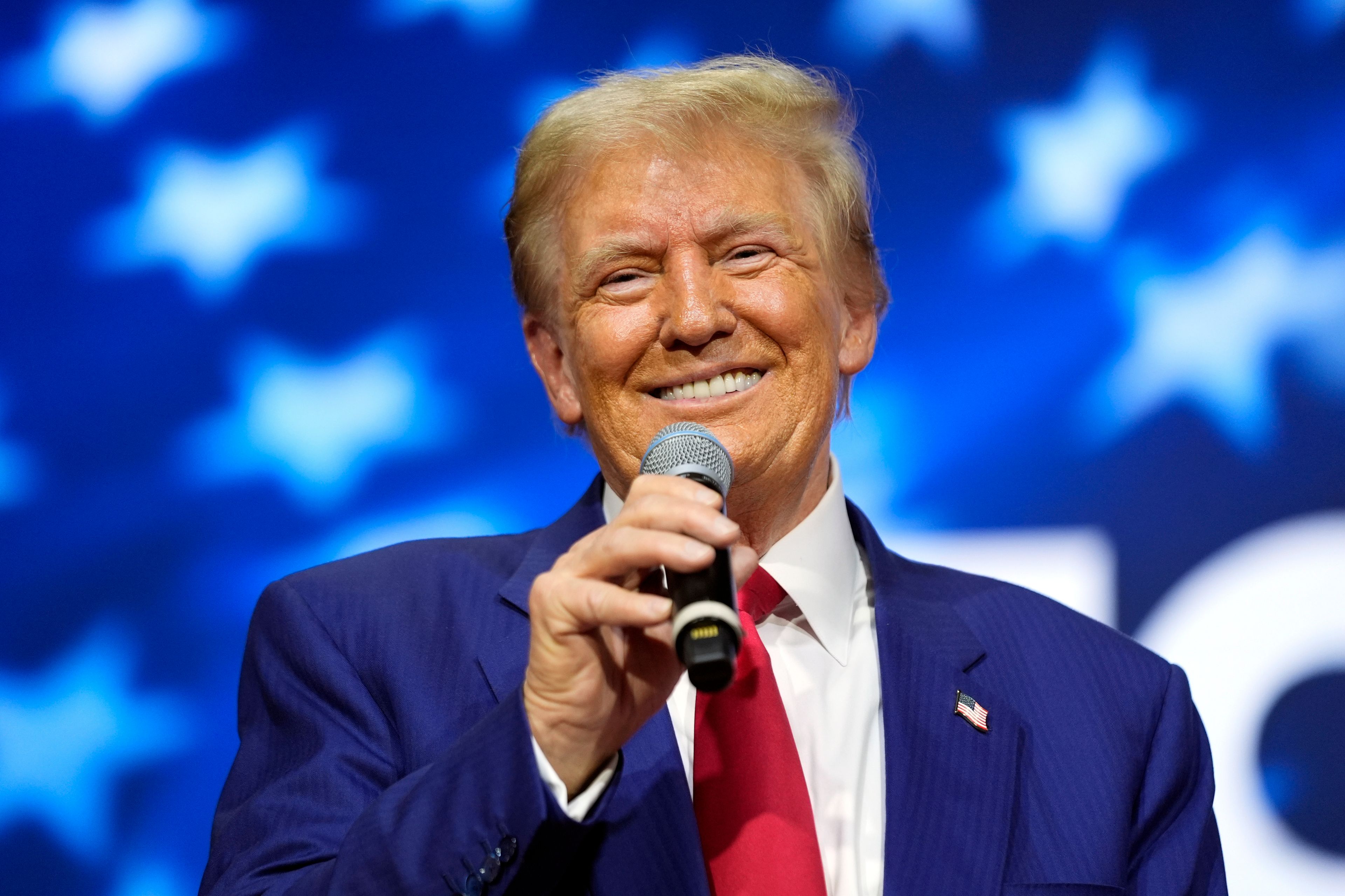 Republican presidential nominee former President Donald Trump speaks at a campaign town hall at the Greater Philadelphia Expo Center & Fairgrounds, Monday, Oct. 14, 2024, in Oaks, Pa. (AP Photo/Alex Brandon)