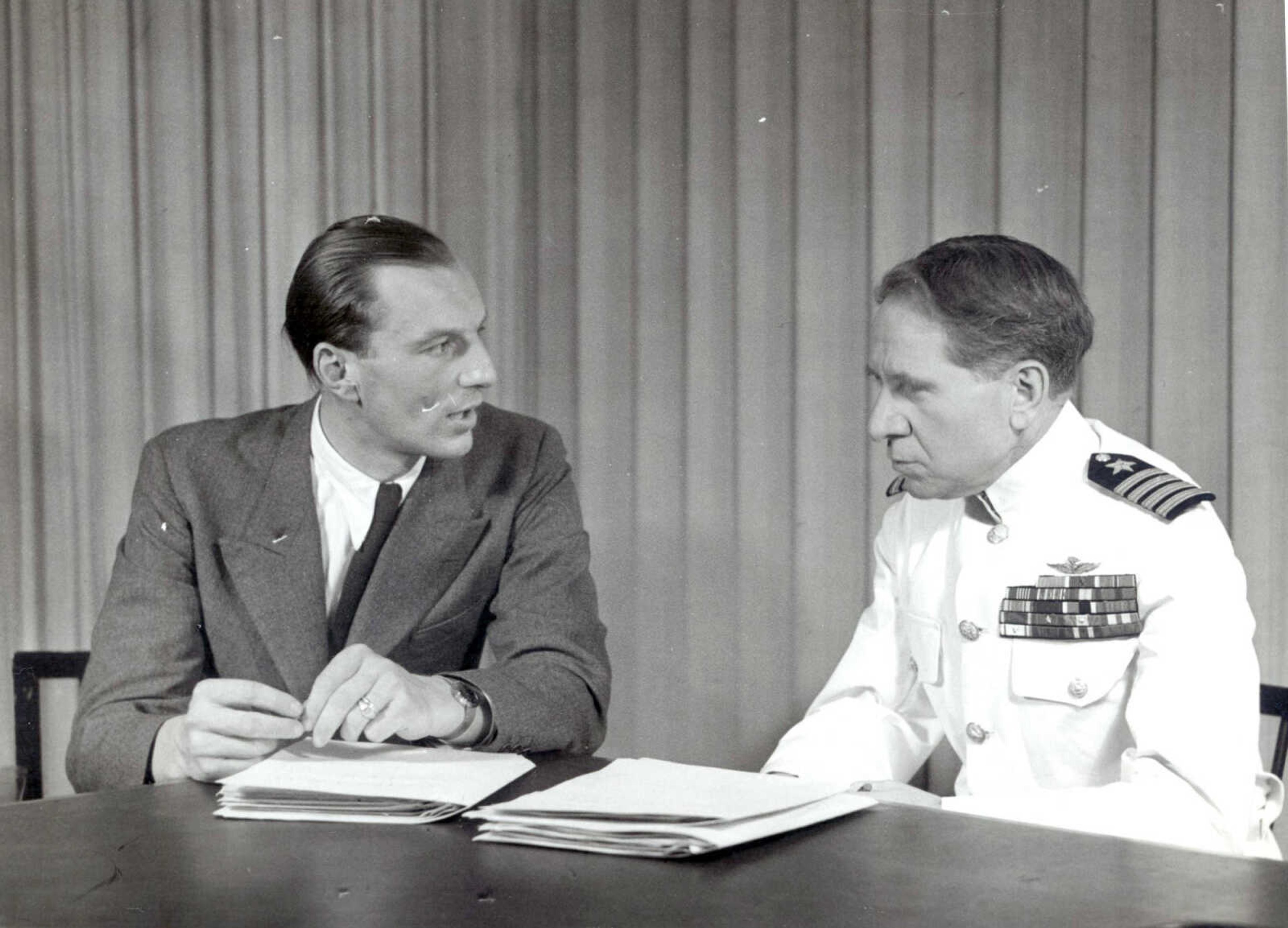 This undated photograph shows Baron von Loringhoven, left, Hitler's aide-de-camp, with Judge Michael Musmanno, included in the documentary film "The Day Hitler Died." (Duquesne University/Musmanno Collection via AP)