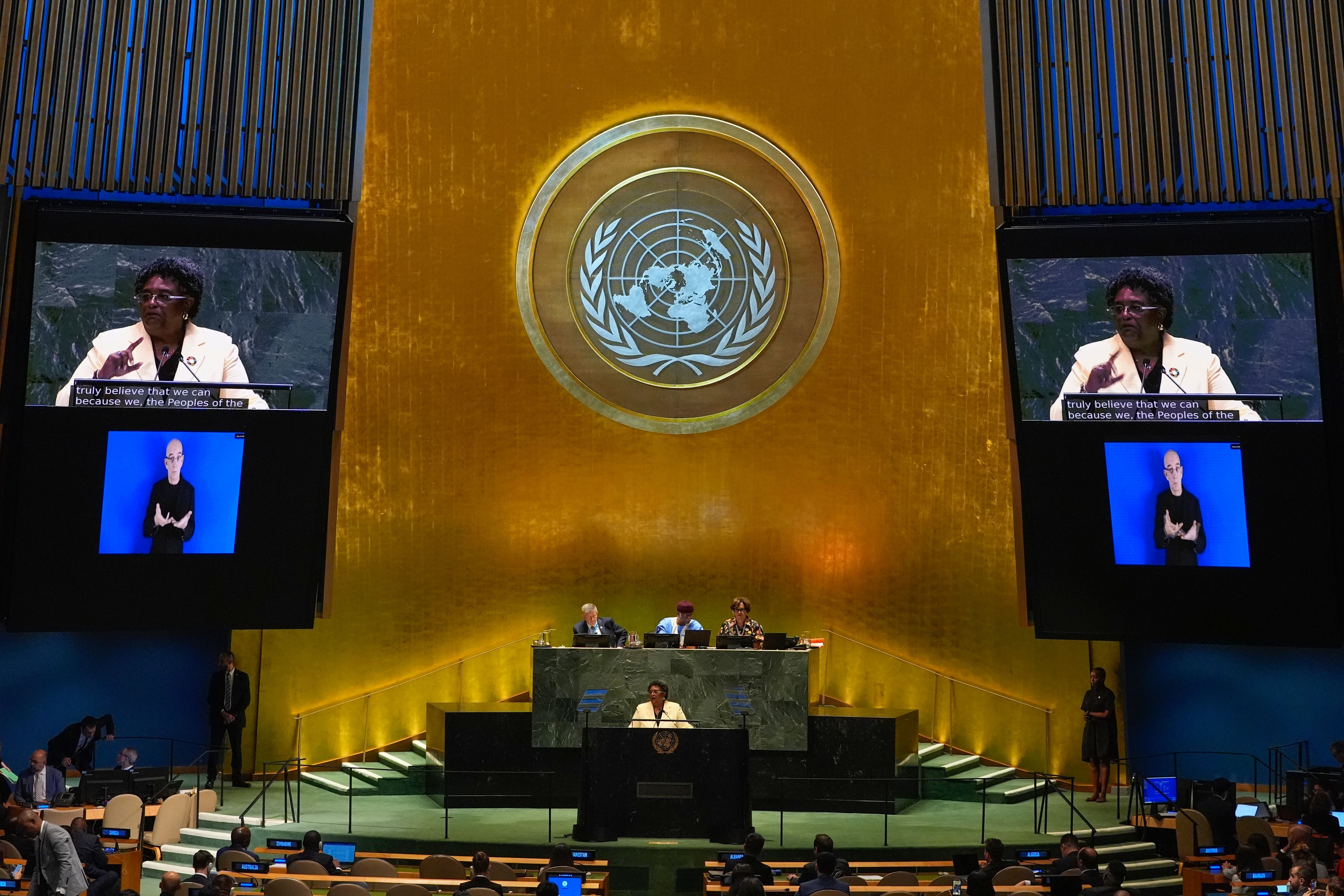 Barbados Prime Minister Mia Amor Mottley speaks to the United Nations General Assembly during Summit of the Future, Sunday, Sept. 22, 2024 at U.N. headquarters. (AP Photo/Frank Franklin II)