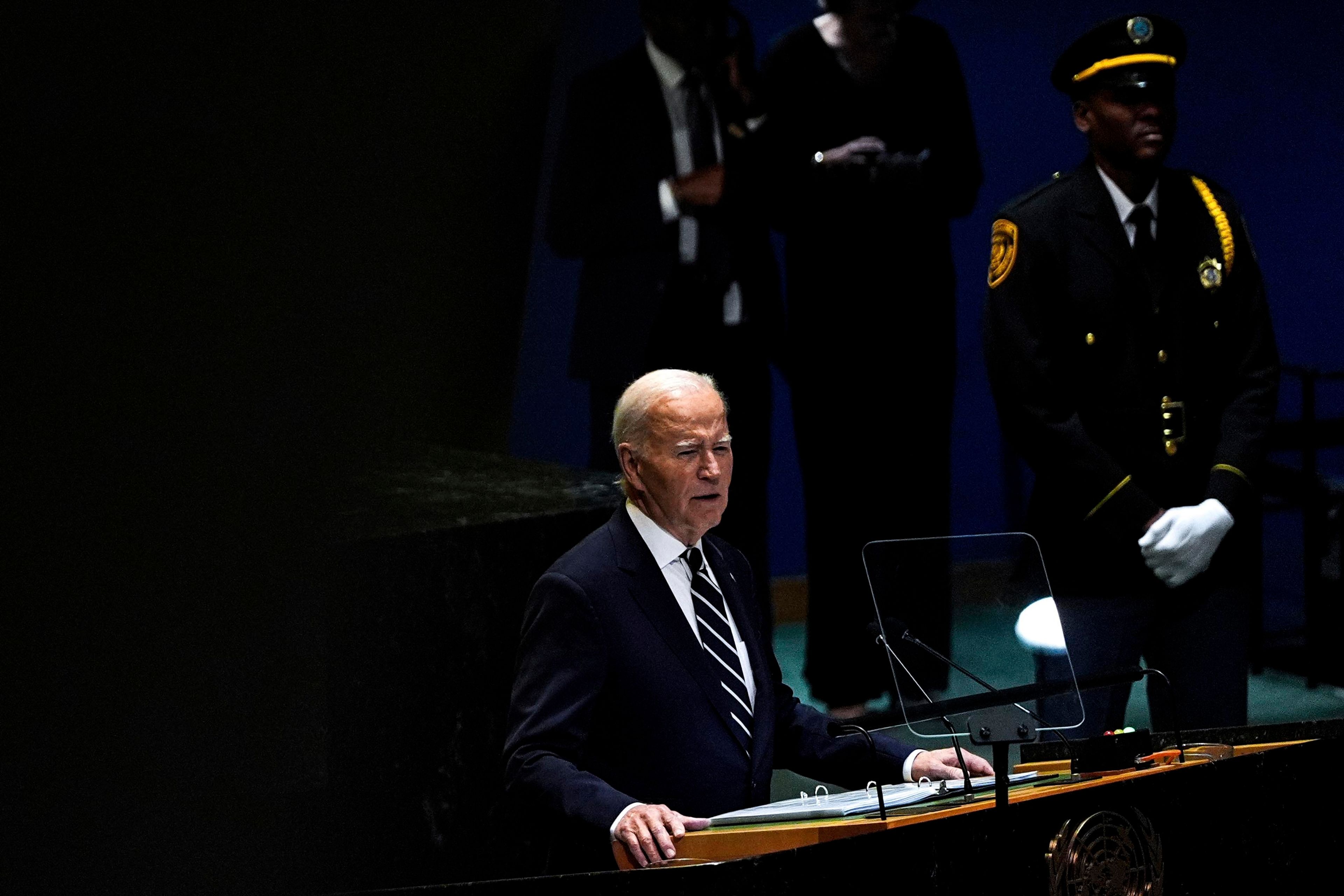 President Joe Biden addresses the 79th session of the United Nations General Assembly, Tuesday, Sept. 24, 2024, at the UN headquarters. (AP Photo/Julia Demaree Nikhinson)