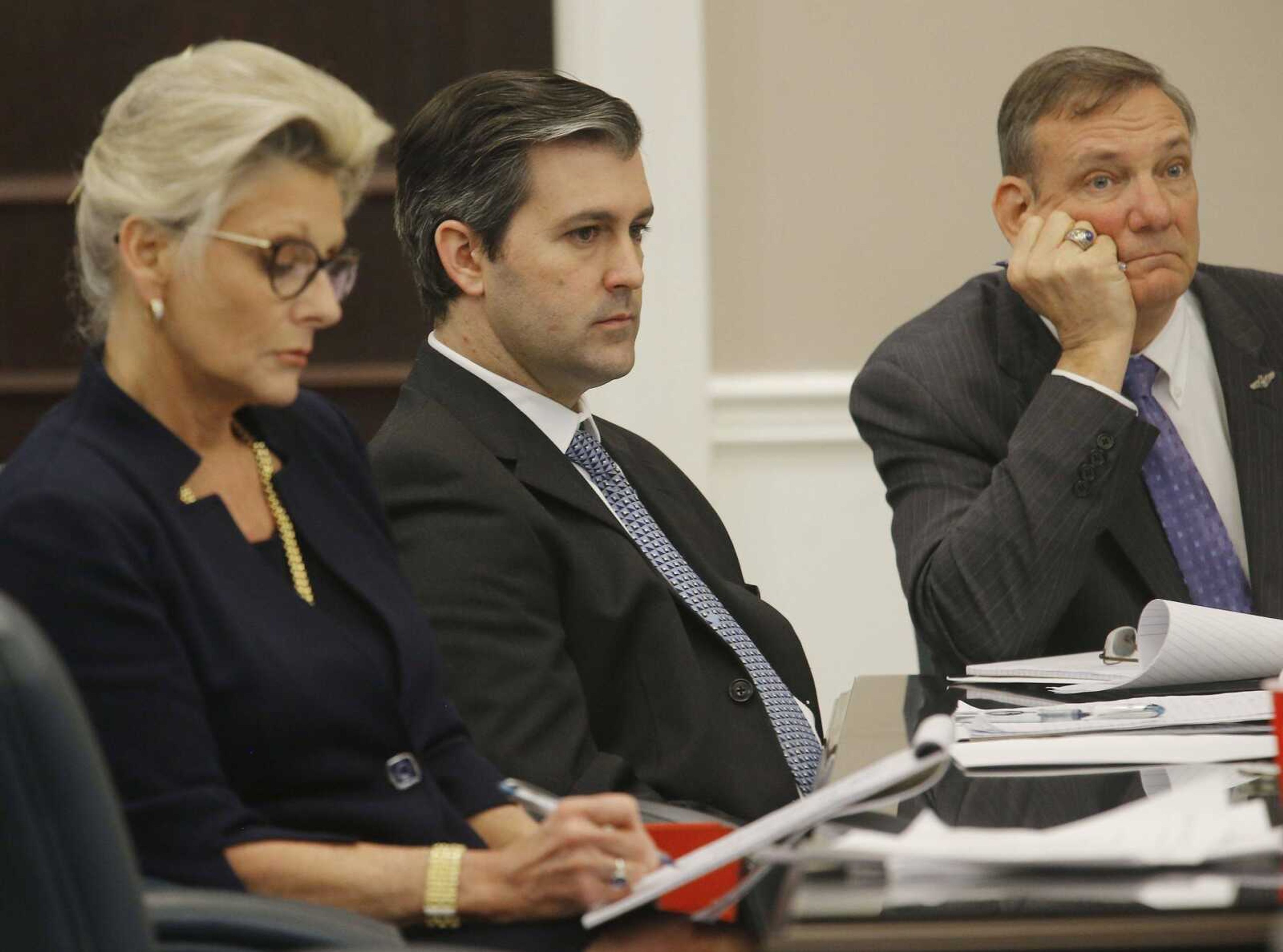 Former North Charleston police officer Michael Slager, center, sits in the courtroom during his murder trial Wednesday at the Charleston County court in Charleston, South Carolina.