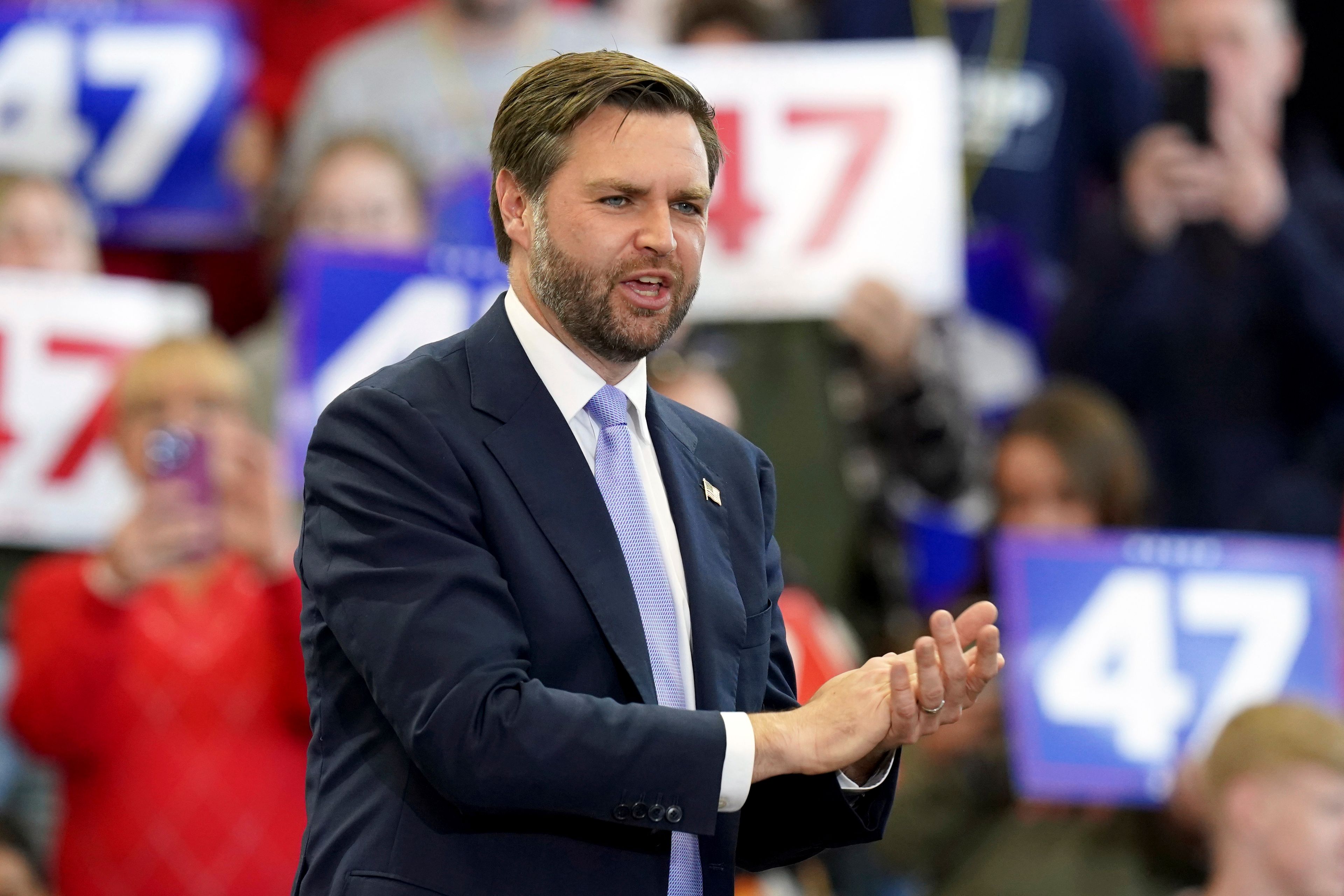 Republican vice presidential nominee Sen. JD Vance, R-Ohio, applauds the crowd after speaking at a campaign event at Penn State Behrend Erie Hall, Saturday, Oct. 26, 2024, in Erie, Pa. (AP Photo/Matt Freed)