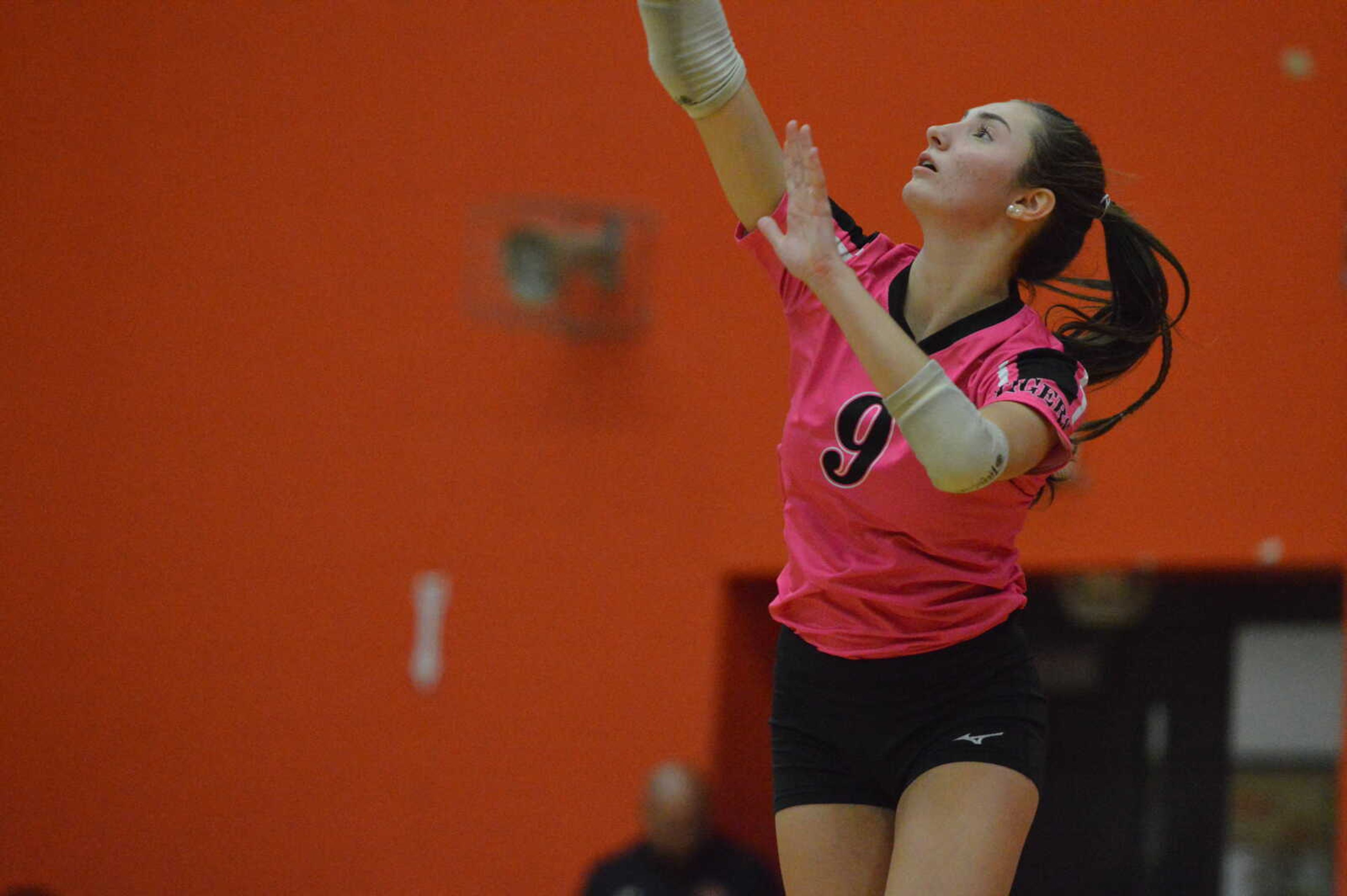 Cape Central senior Piper Underwood serves the ball in the third set of the match against Bernie on Monday, Sept. 16. 