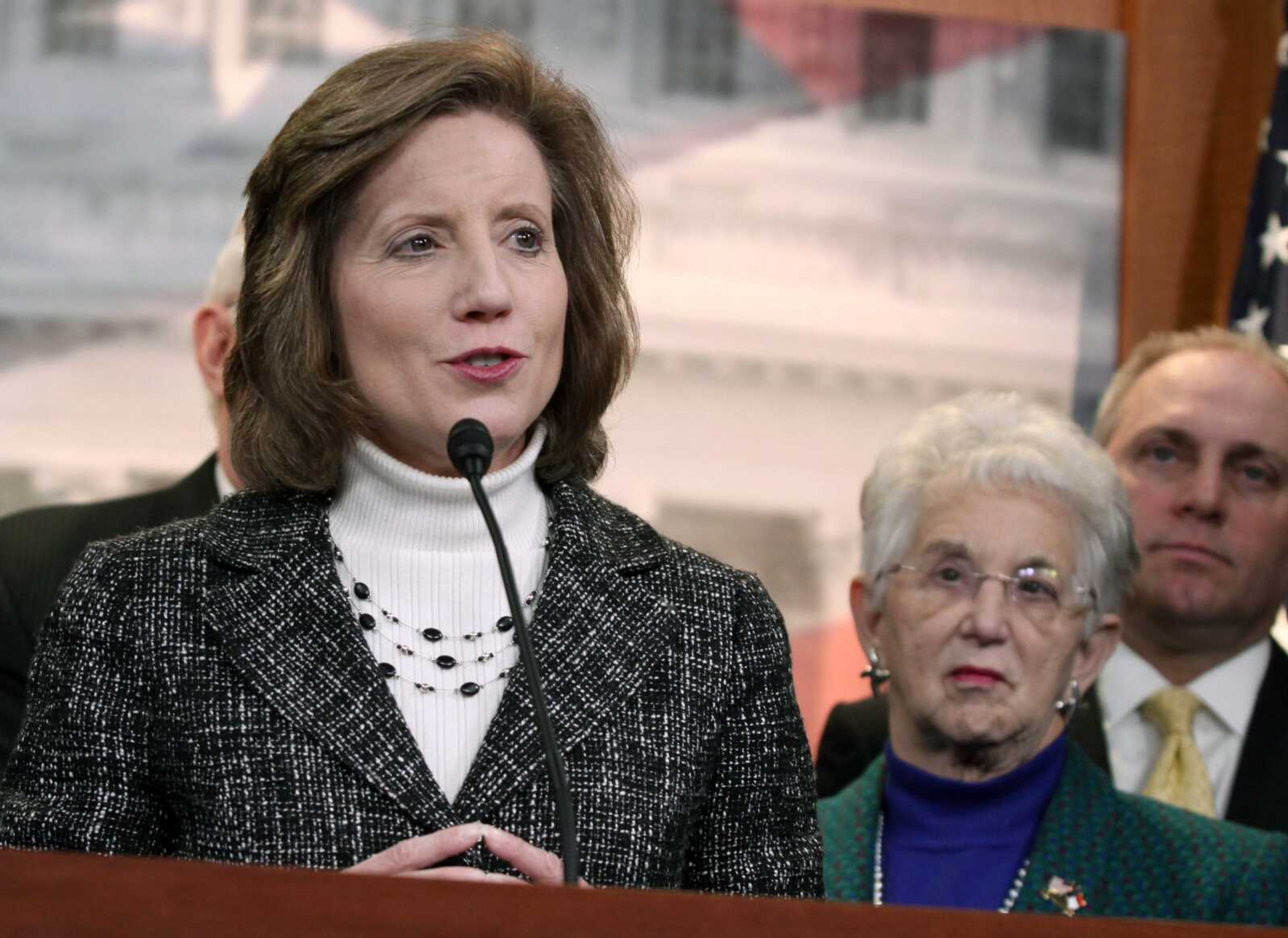 In this March 25, 2014, file photo, Rep. Vicky Hartzler, R-Mo., speaks to reporters on Capitol Hill in Washington, Hartzler, of Missouri announced Thursday that she will run for the Republican nomination for U.S. Senate in 2022. Incumbent Republican Sen. Roy Blunt announced in March he would not seek reelection. Hartzler has been in Congress since 2011.