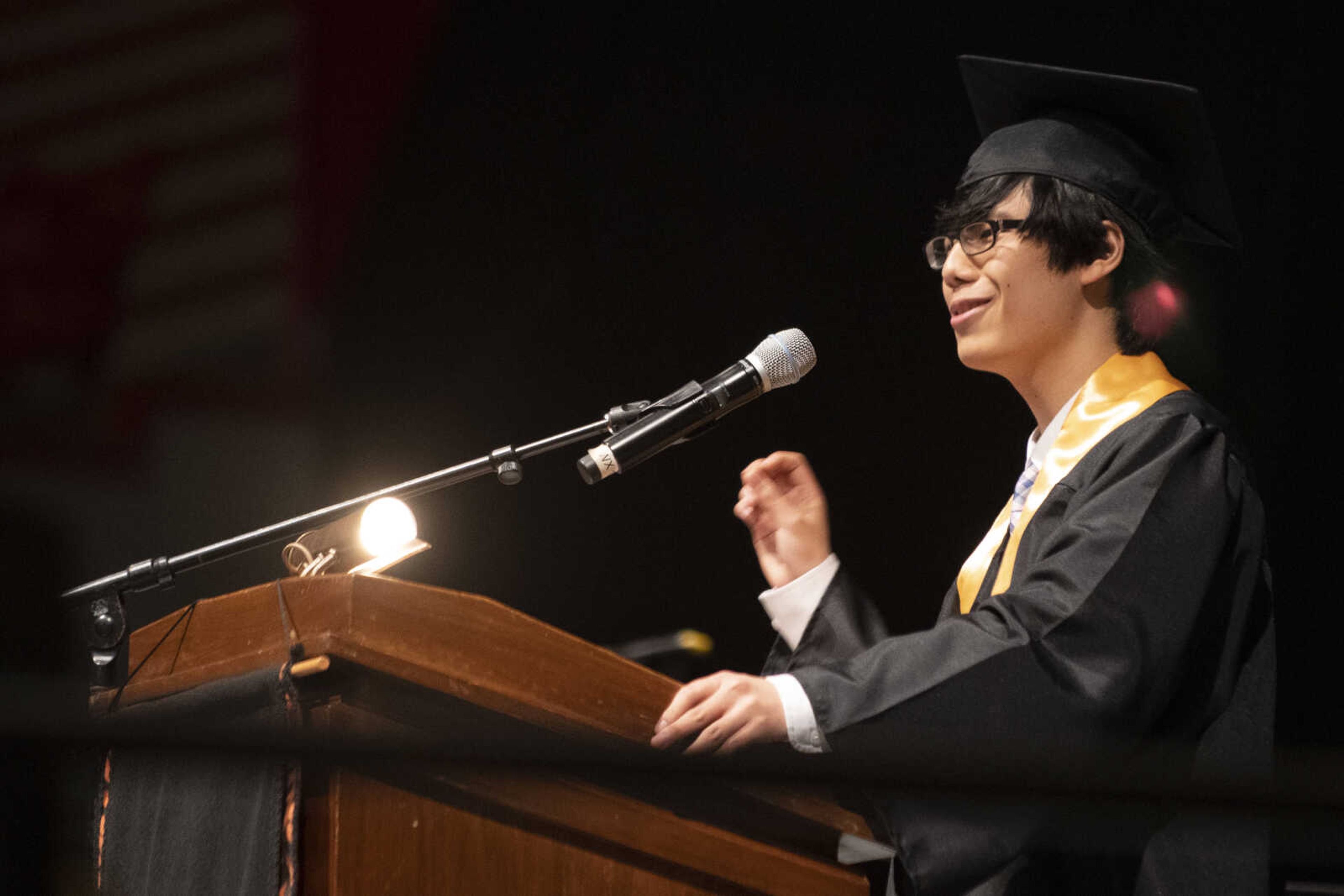 Cape Central senior class valedictorian Michael Hwang gives a speech during Cape Central High School's Class of 2019 Commencement on Sunday, May 12, 2019, at the Show Me Center in Cape Girardeau.