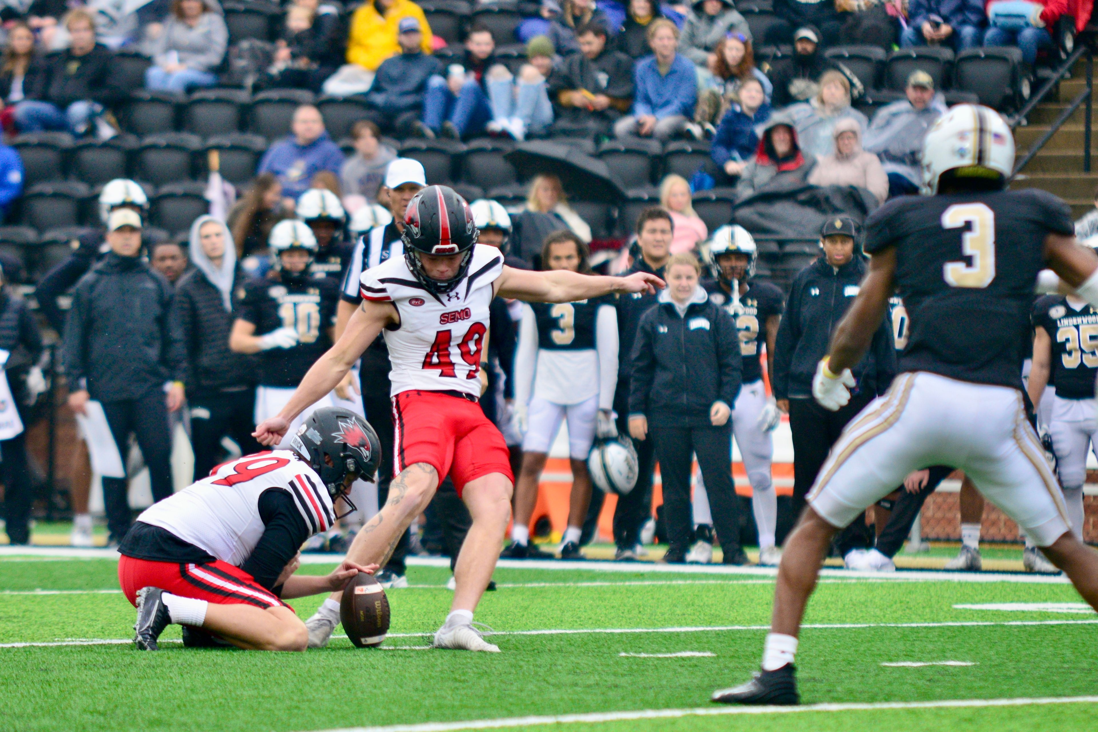 SEMO kicker DC Pippin kicks a field goal against Lindenwood on Saturday, Nov. 9, in St. Charles.