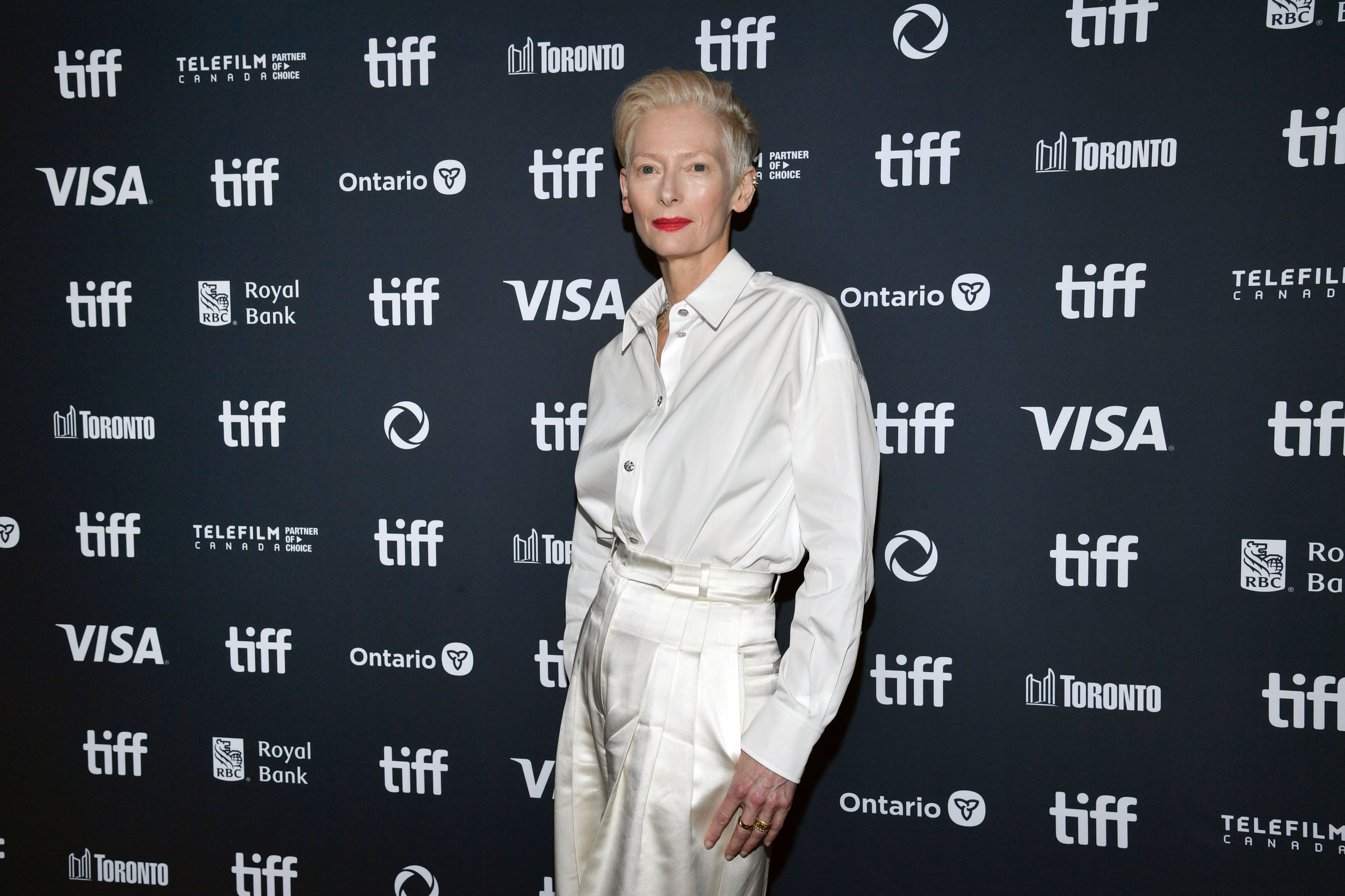 Tilda Swinton attends the premiere of "The Room Next Door" at TIFF Lightbox during the Toronto International Film Festival on Saturday, Sept. 7, 2024, in Toronto. (Photo by Evan Agostini/Invision/AP)