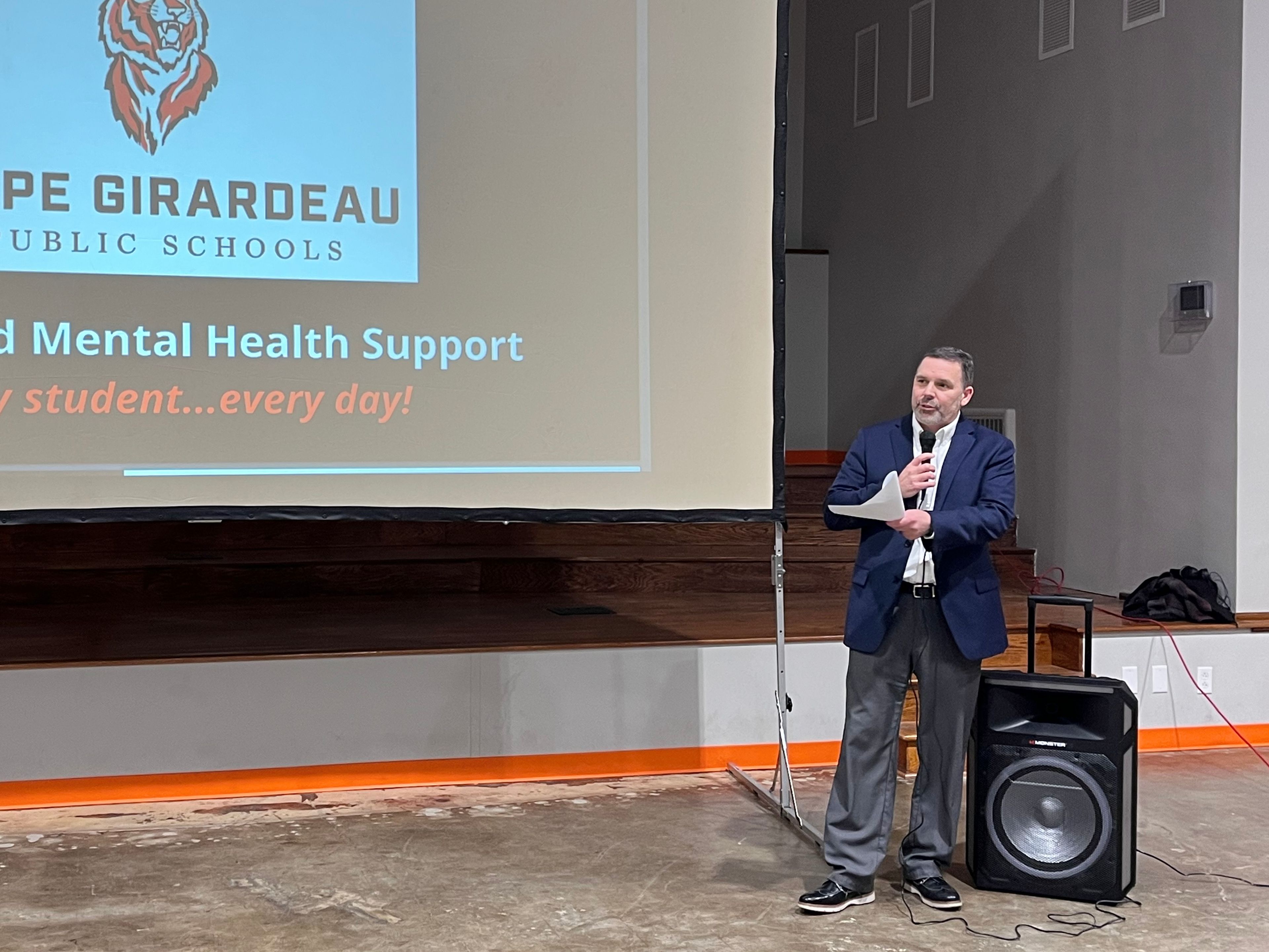 Cape Girardeau Public Schools superintendent Howard Benyon speaks during the ribbon cutting ceremony on Tuesday, Dec. 3, at Cape Central Academy. 