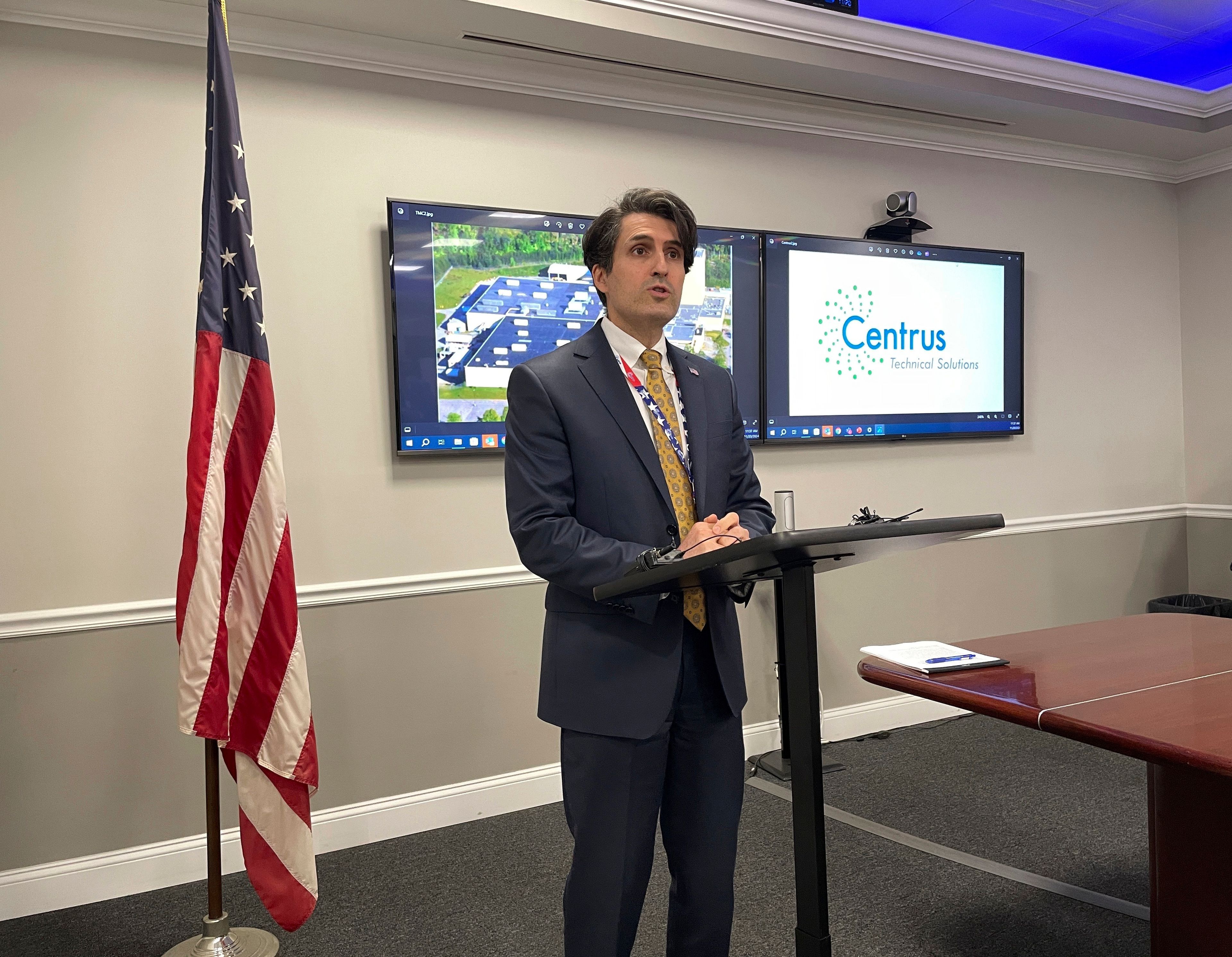 Centrus Energy President and CEO Amir Vexler speaks at a news conference at its Technology and Manufacturing Center, on Wednesday, Nov. 20, 2024, in Oak Ridge, Tenn. (AP Photo/Jonathan Mattise)