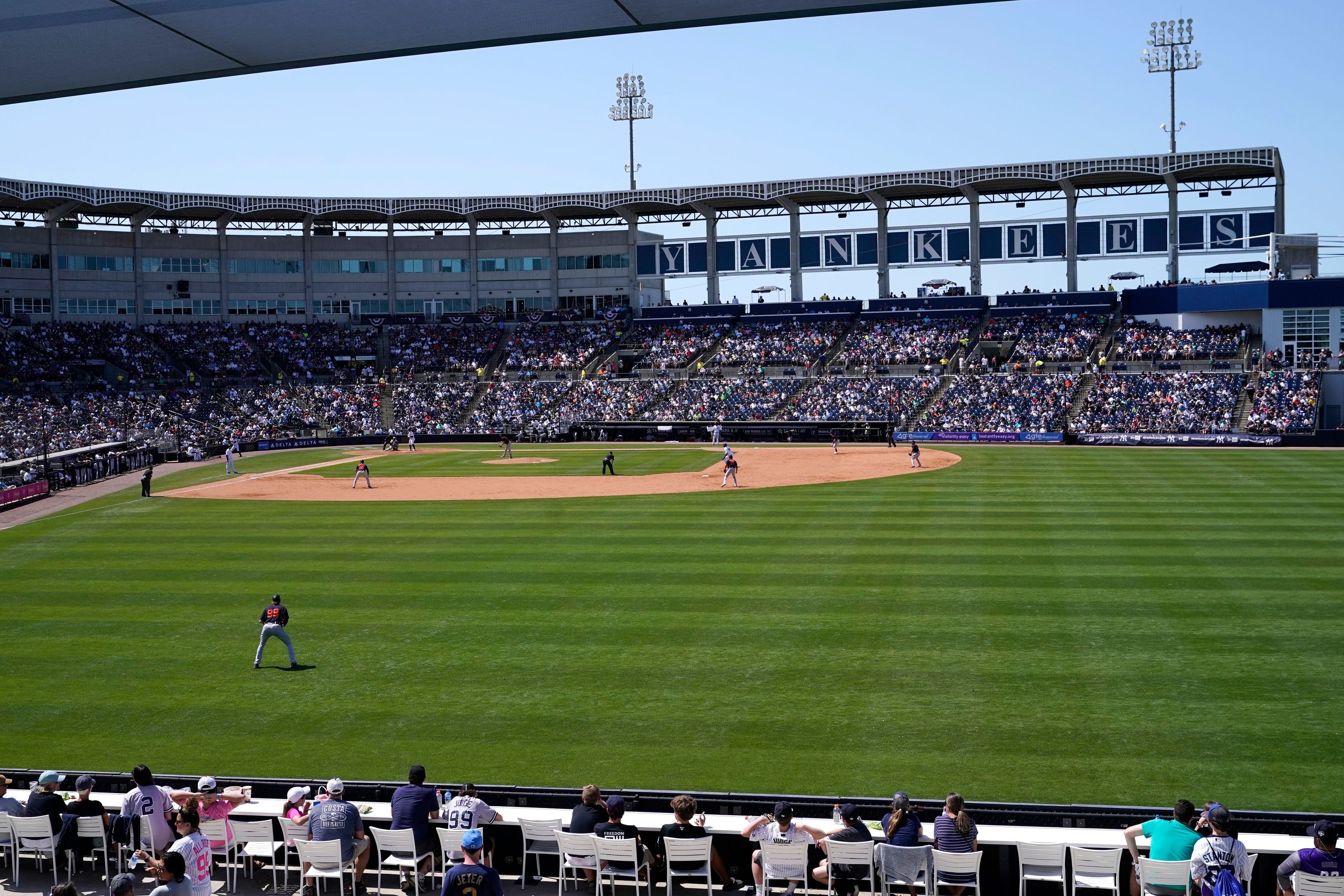 FILE - The New York Yankees host the Detroit Tigers during their home opener spring training baseball game at George M. Steinbrenner Field, Sunday, March 20, 2022, in Tampa, Fla. (AP Photo/Lynne Sladky, File)