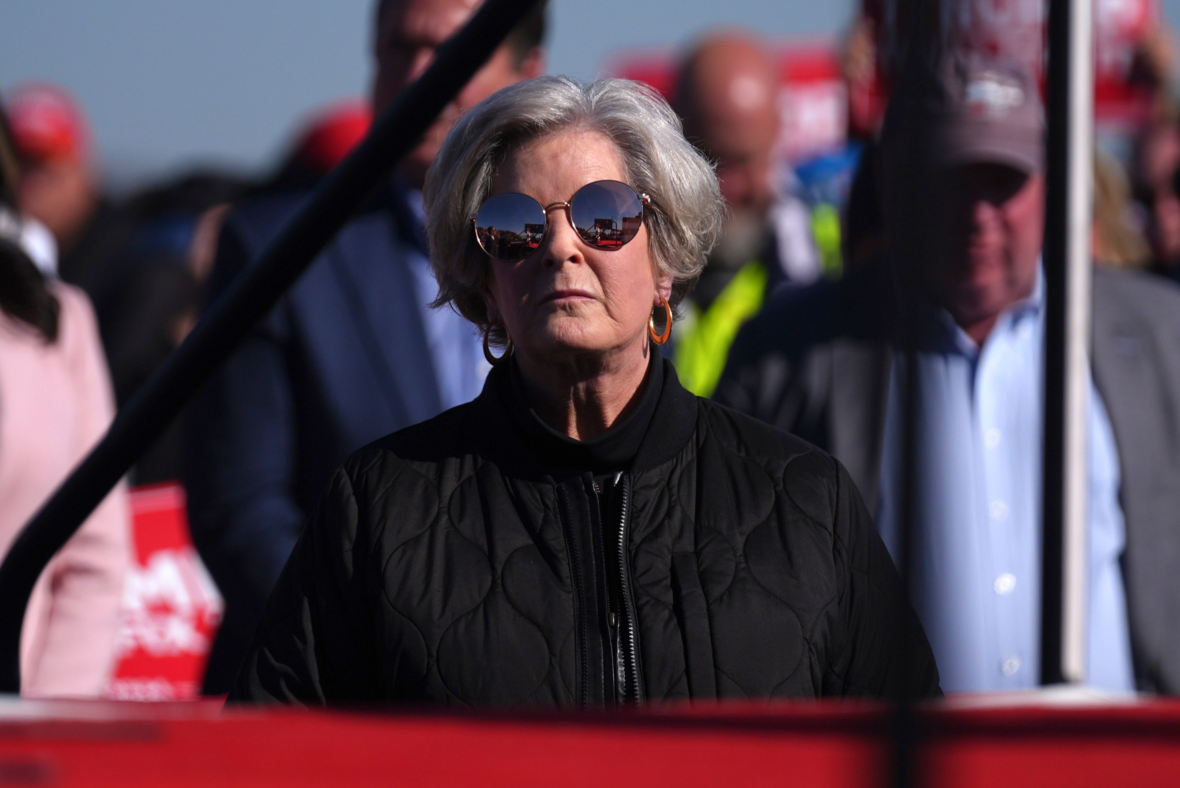 FILE - Susie Wiles watches as Republican presidential nominee former President Donald Trump speaks at a campaign rally in Lititz, Pa., Nov. 3, 2024. (AP Photo/Evan Vucci, File)