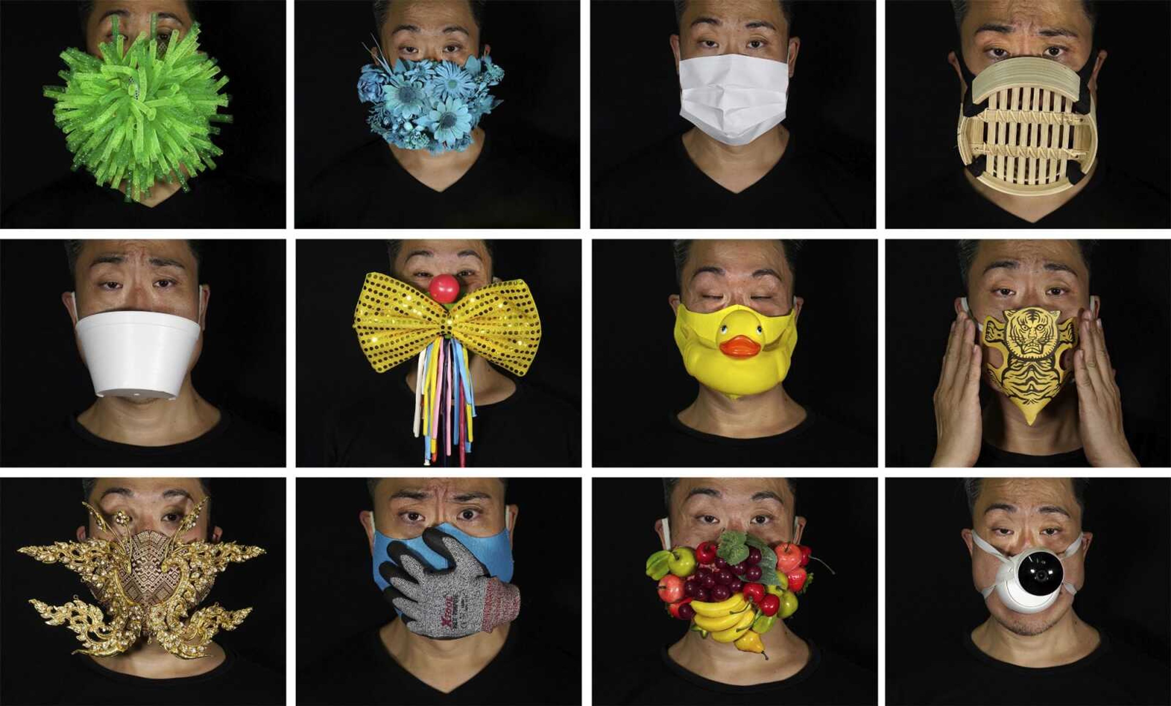 This combination of photos shows Edmond Kok, a Hong Kong theater costume designer and actor, wearing a variety of face masks he made to protect against the coronavirus Aug. 6 in Hong Kong. With little theater work because of the coronavirus pandemic, Kok has found a way to turn the now ubiquitous face mask into a creative opportunity. He has created more than 170 face masks inspired both by the pandemic and Hong Kong's political problems -- not for actual use but as pieces of art.