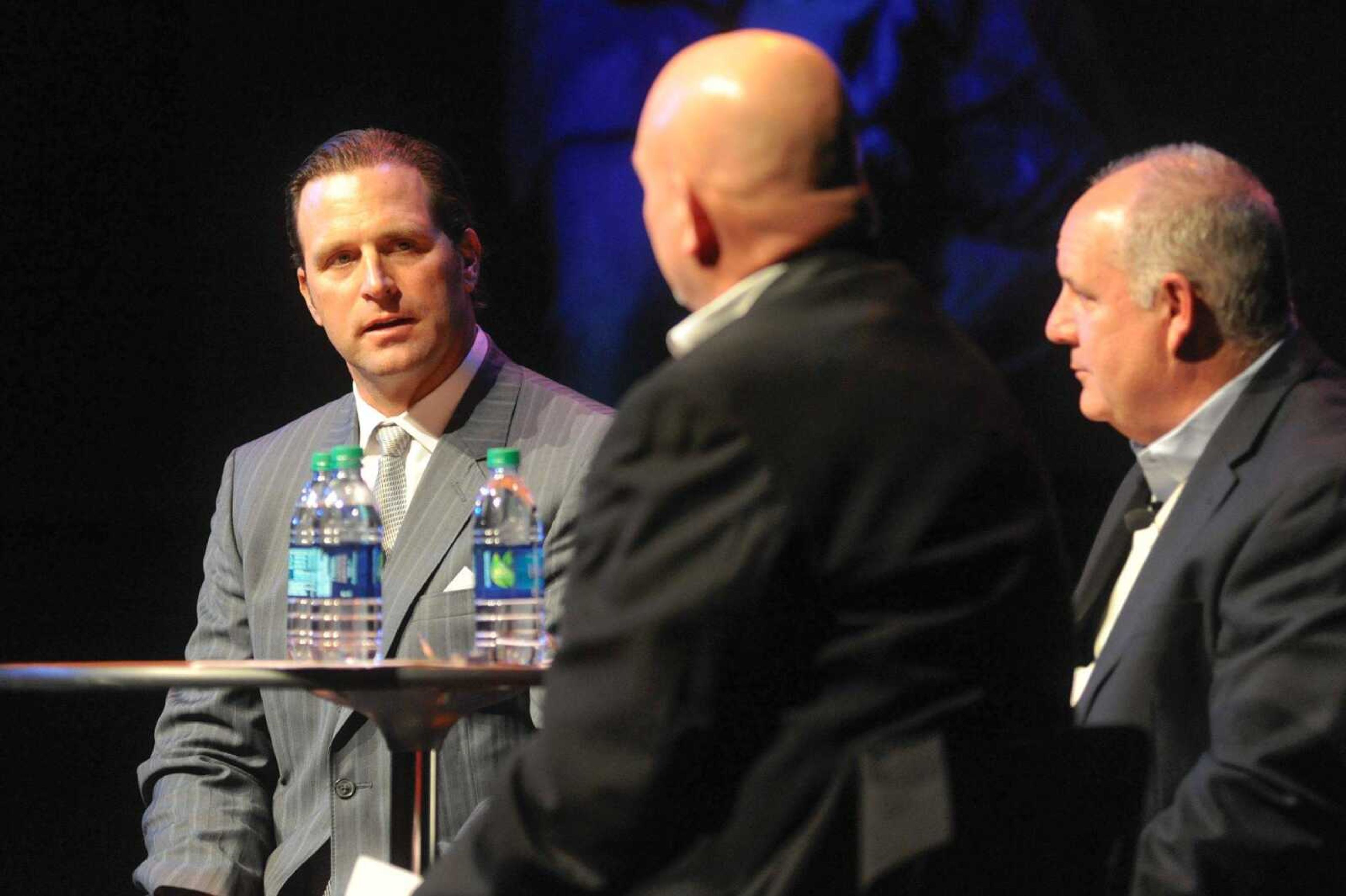 Cardinals manager Mike Matheny fields questions during the State of the Cardinals Nation address, presented by First Missouri State Bank and joined by Jay Knudtson and Steve Taylor on Wednesday at the Bedell Performance Hall on Southeast Missouri State's River Campus. (Glenn Landberg)