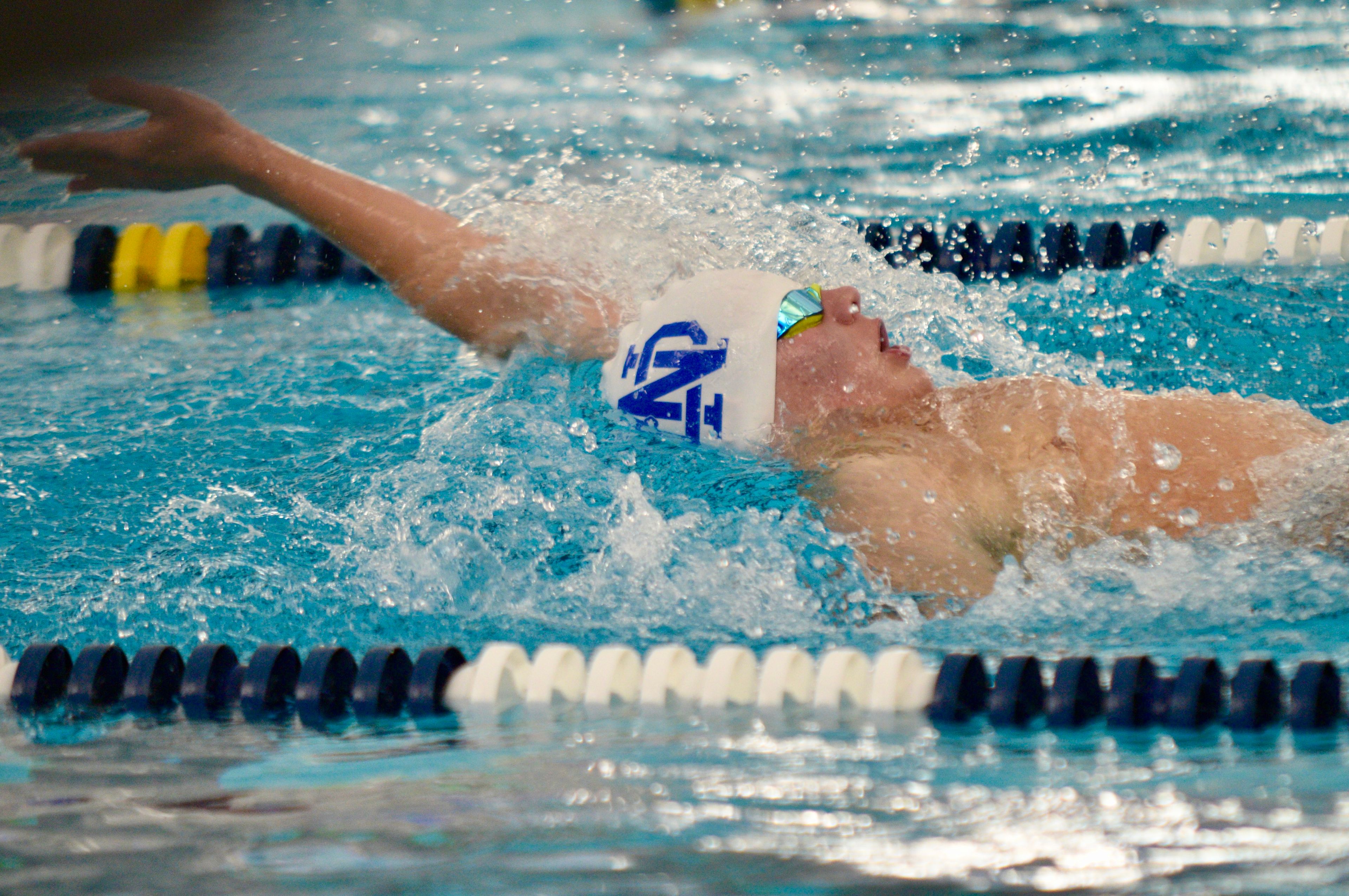 Notre Dame’s Ben Pursell swims against Cape Central on Tuesday, Oct. 29, at the Cape Aquatic Center.