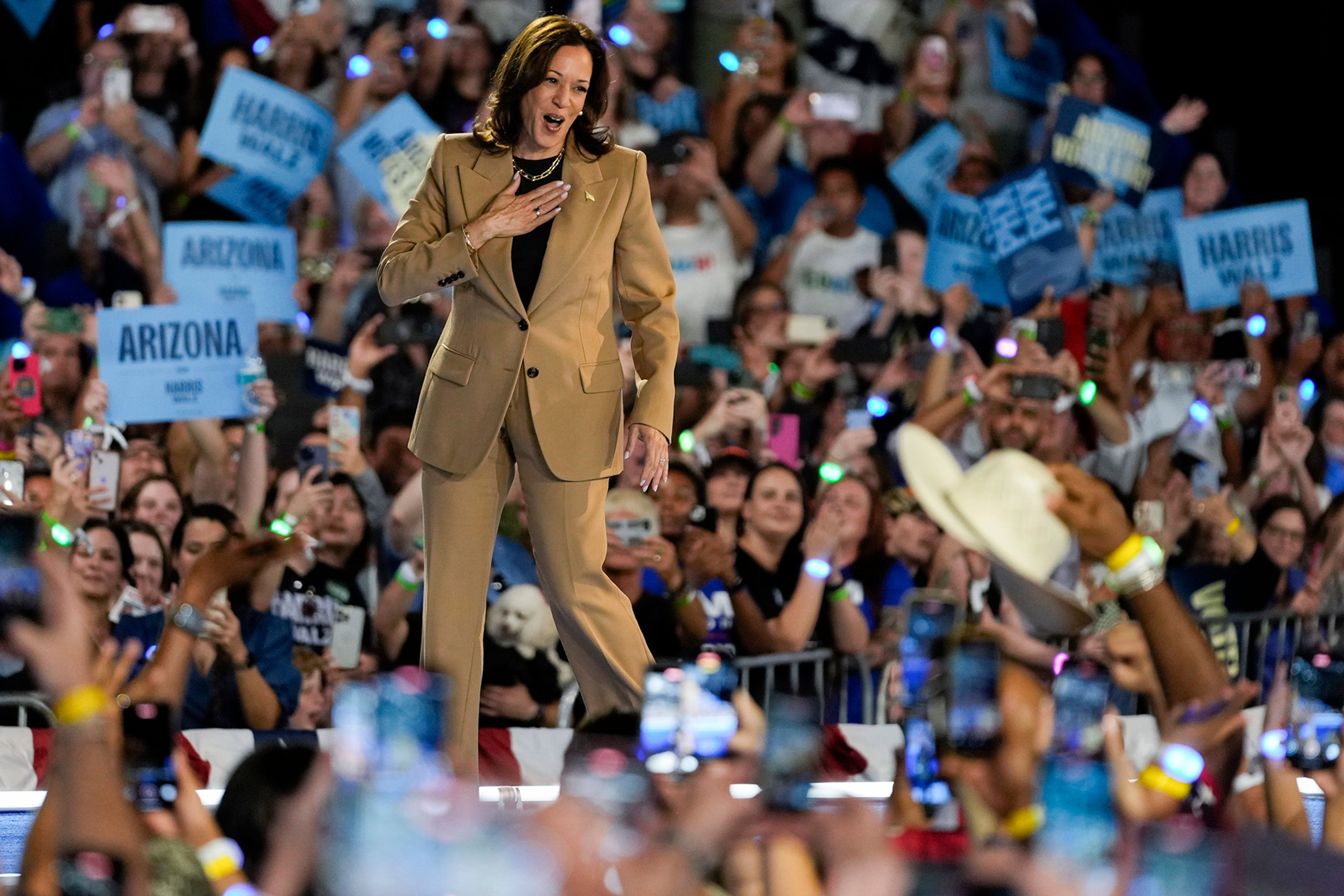 Democratic presidential nominee Vice President Kamala Harris arrives at a campaign rally Thursday, Oct. 10, 2024, on the Gila River Indian Community reservation in Chandler, Ariz. 