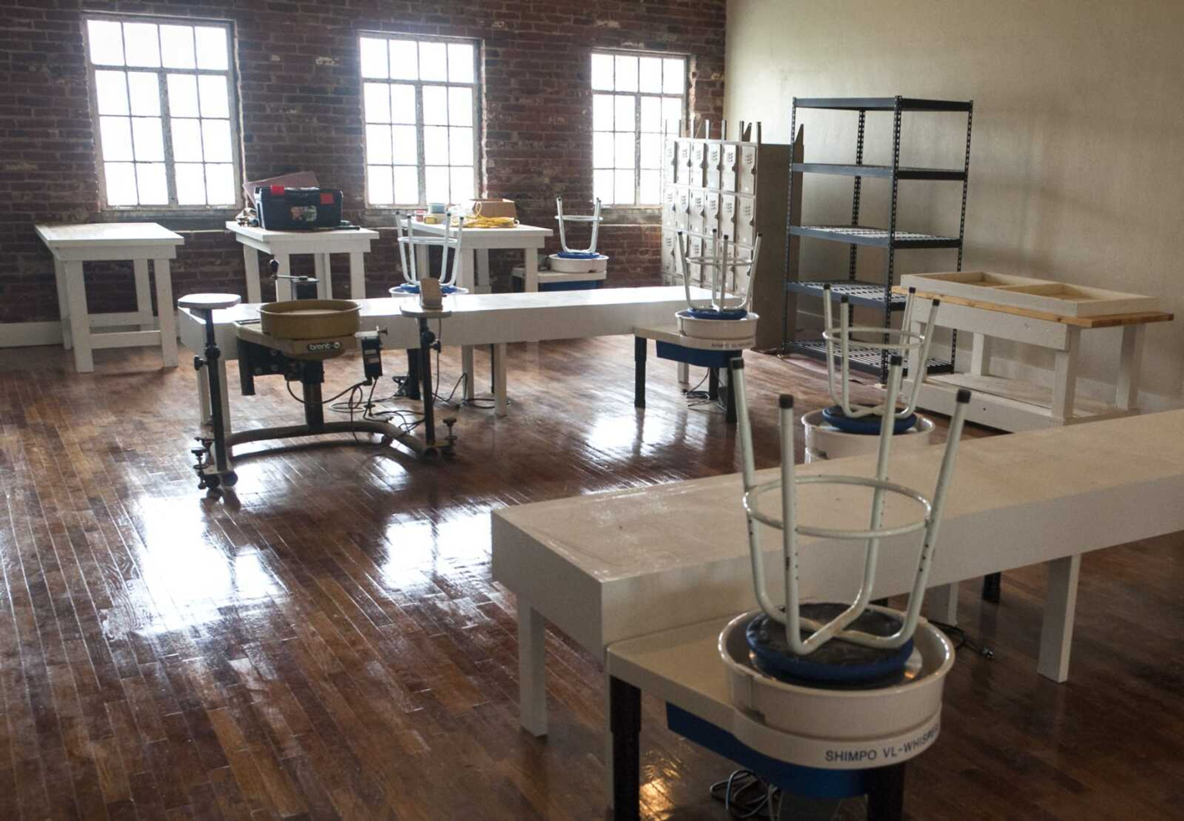 Pottery wheels and tables are seen inside Riverside Pottery on Tuesday in Cape Girardeau.