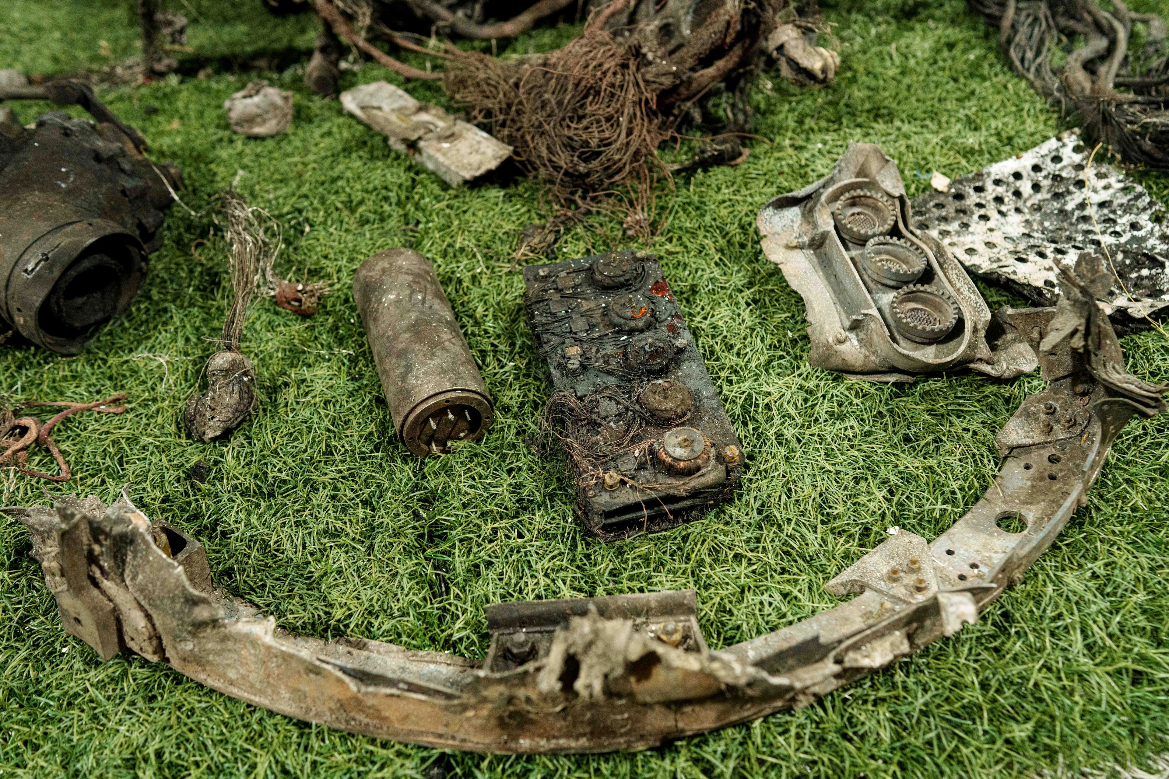 Fragments of a rocket which struck Dnipro on November 21 are seen at a center for forensic analysis in undisclosed location, Ukraine, Sunday Nov. 24, 2024. (AP Photo/Evgeniy Maloletka)