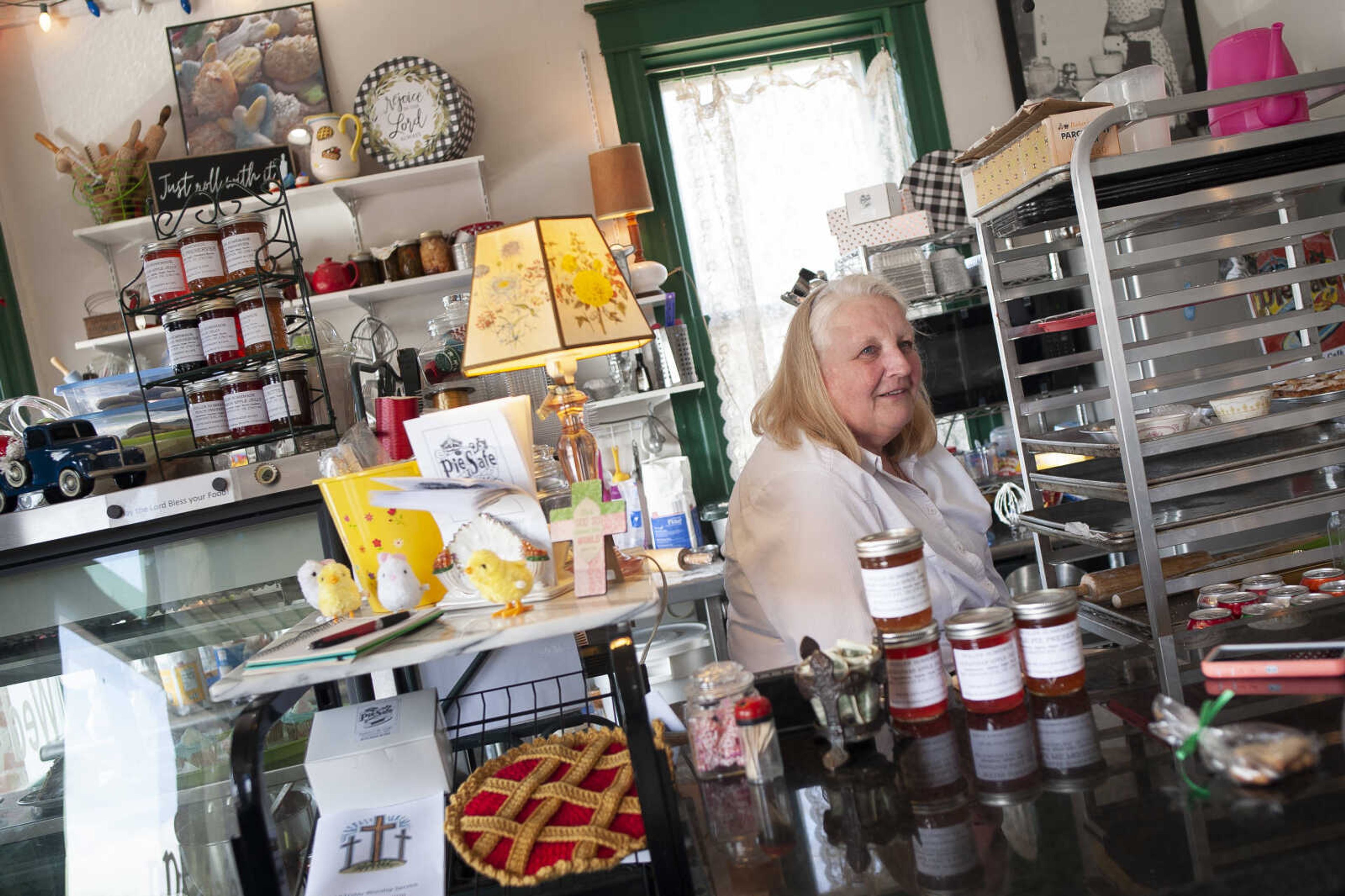 Sharon Penrod sits behind the counter Wednesday, March 11, 2020, at The Pie Safe Bakery & Cafe in Pocahontas.