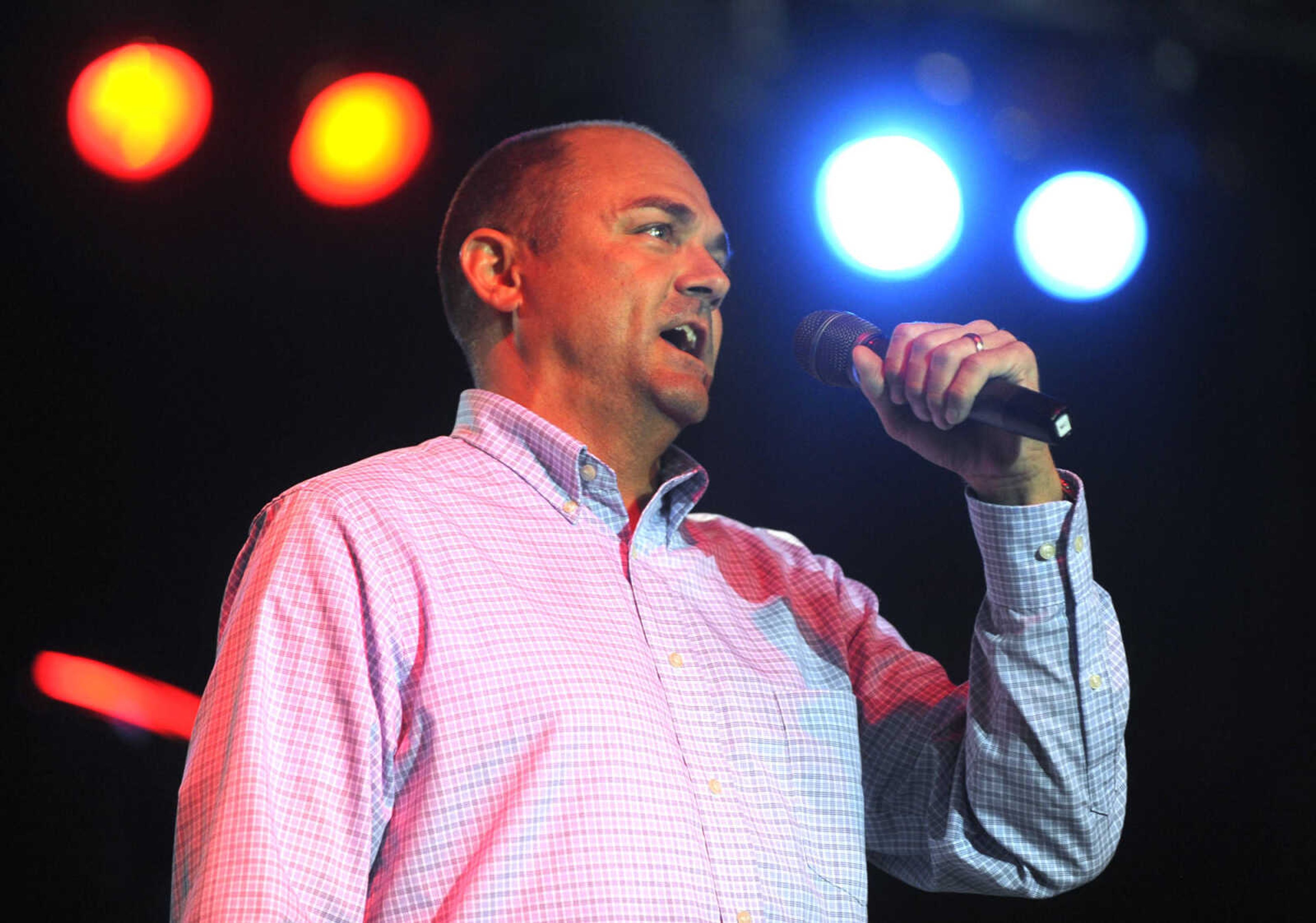 FRED LYNCH ~ flynch@semissourian.com
Clayton Hahs sings the national anthem before the Oak Ridge Boys concert Thursday, Sept. 15, 2016 at the SEMO District Fair in Cape Girardeau.