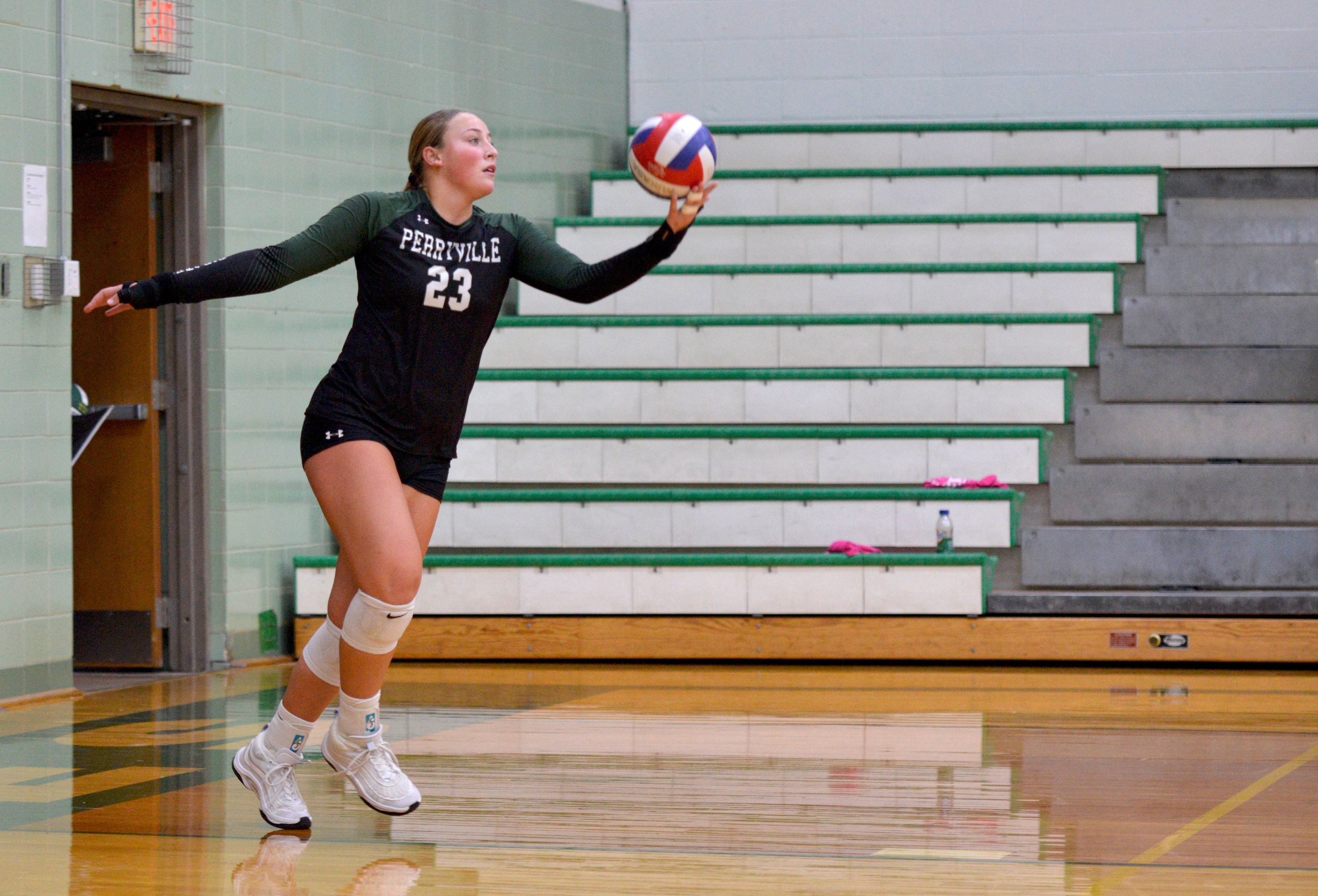 Perryville's Ellie Gerler prepares to serve the ball against Windsor on Tuesday, Sept. 17, in Perryville, Mo.