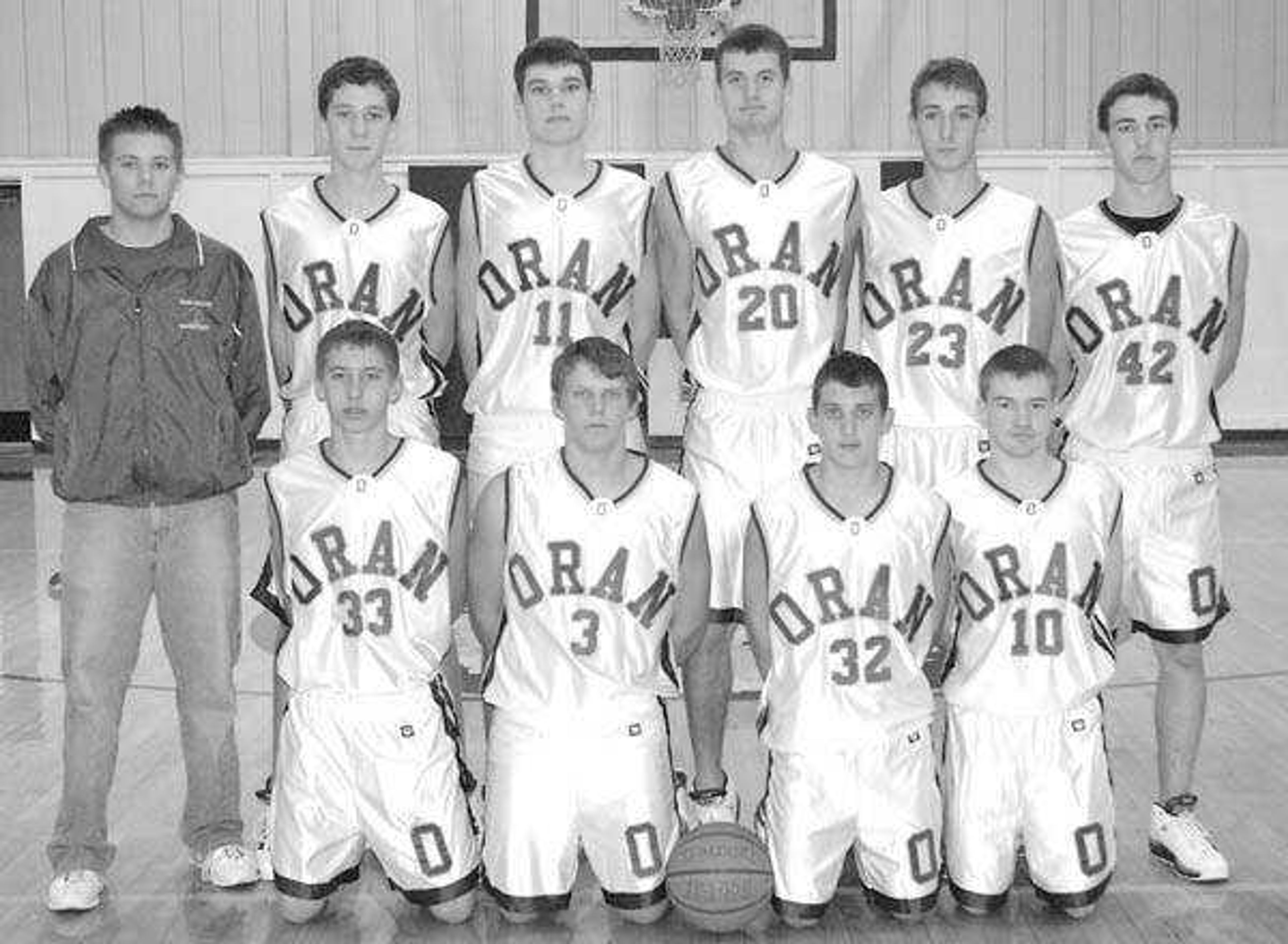 Members of the Oran boys basketball team, from left: Front -- Kory Kluesner, Steven Mock, Devan Moore, Nick Anderson; Back -- manager Lance Dannenmueller, Kody Campbell, Robert Lange, Chase Seyer, Hunter Glastetter and  Chris Asmus. Not present: Jordon Mason.