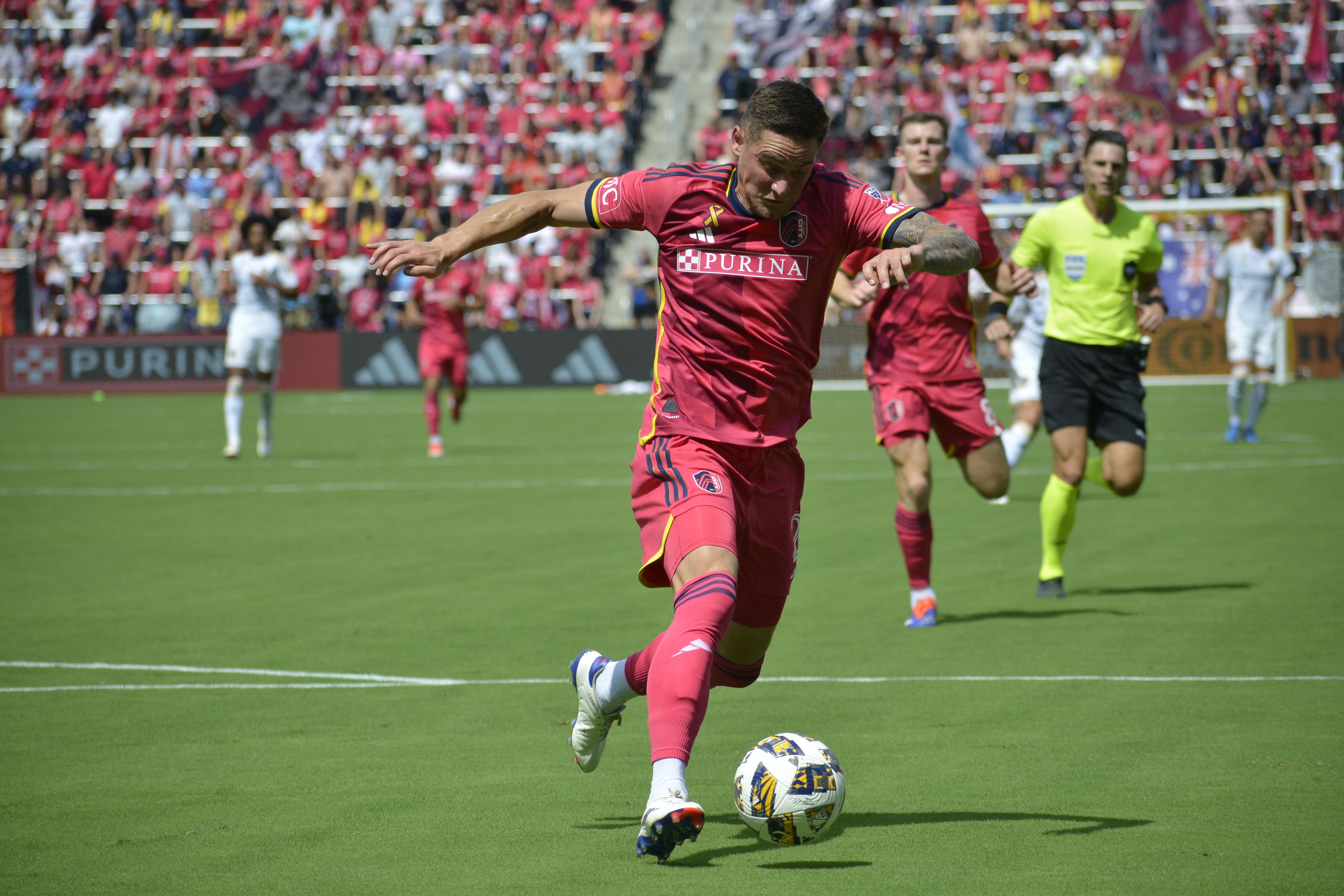 St. Louis City defender Jake Nerwinski handles the ball against the LA Galaxy on Sunday, Sept. 1 in St. Louis. 