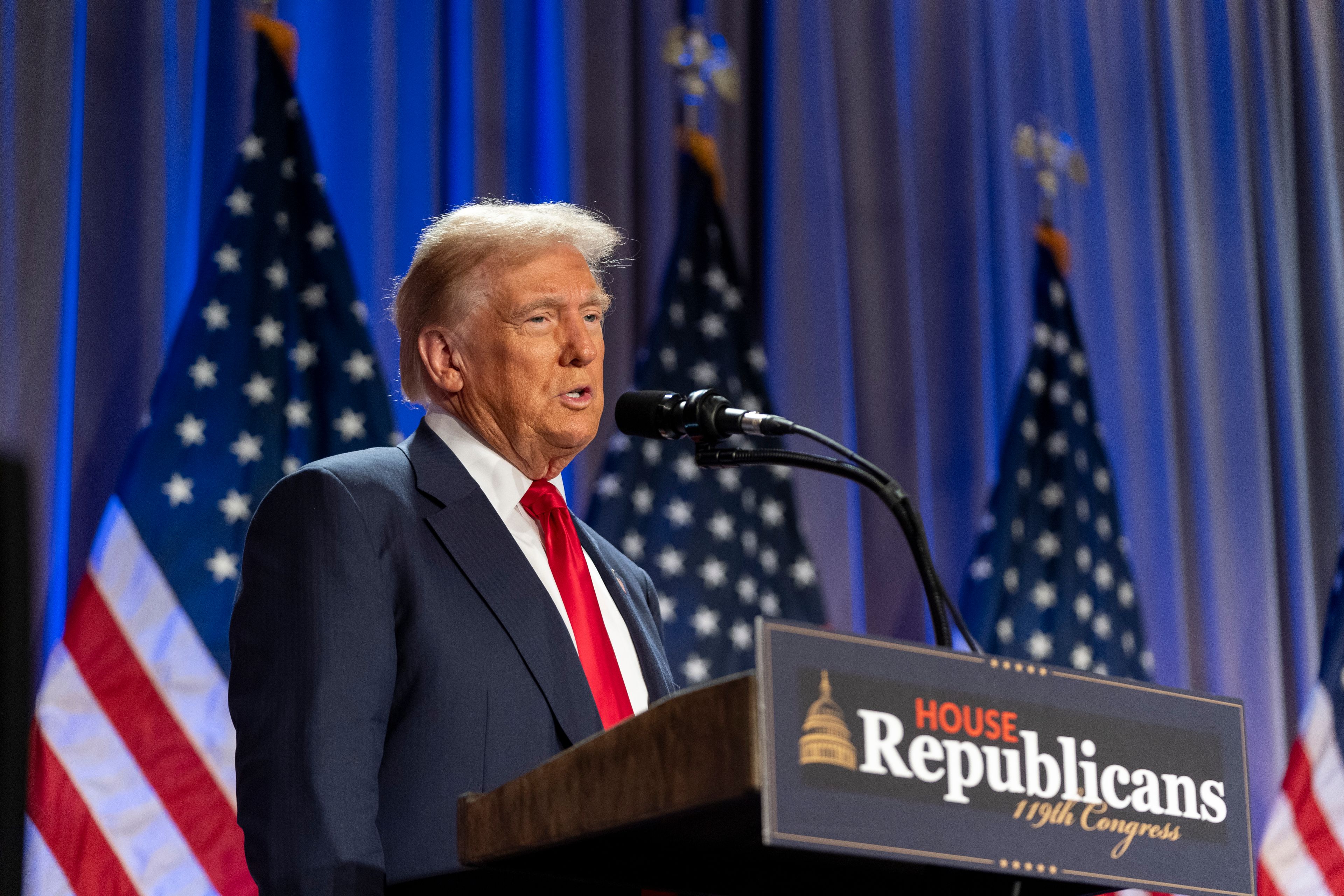 President-elect Donald Trump speaks at meeting of the House GOP conference, Wednesday, Nov. 13, 2024, in Washington. (AP Photo/Alex Brandon)