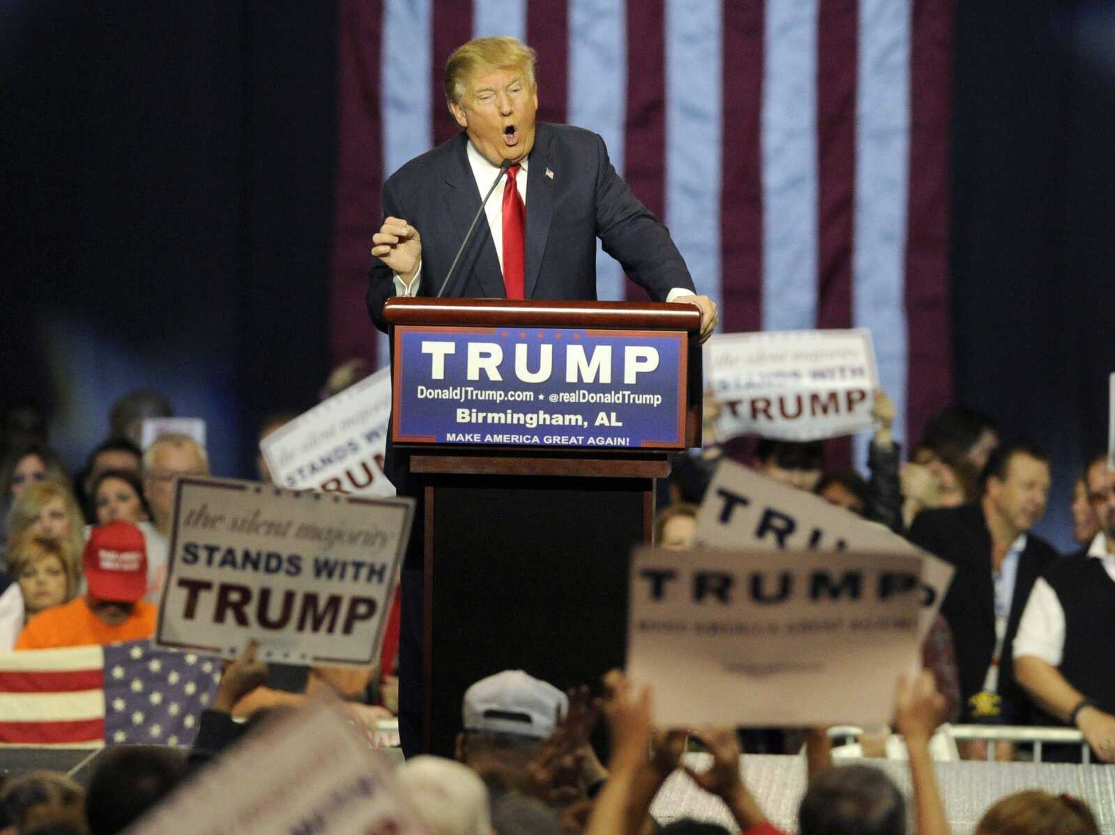 Republican presidential candidate Donald Trump speaks during a campaign stop Saturday in Birmingham, Alabama. (Eric Schultz ~ Associated Press)