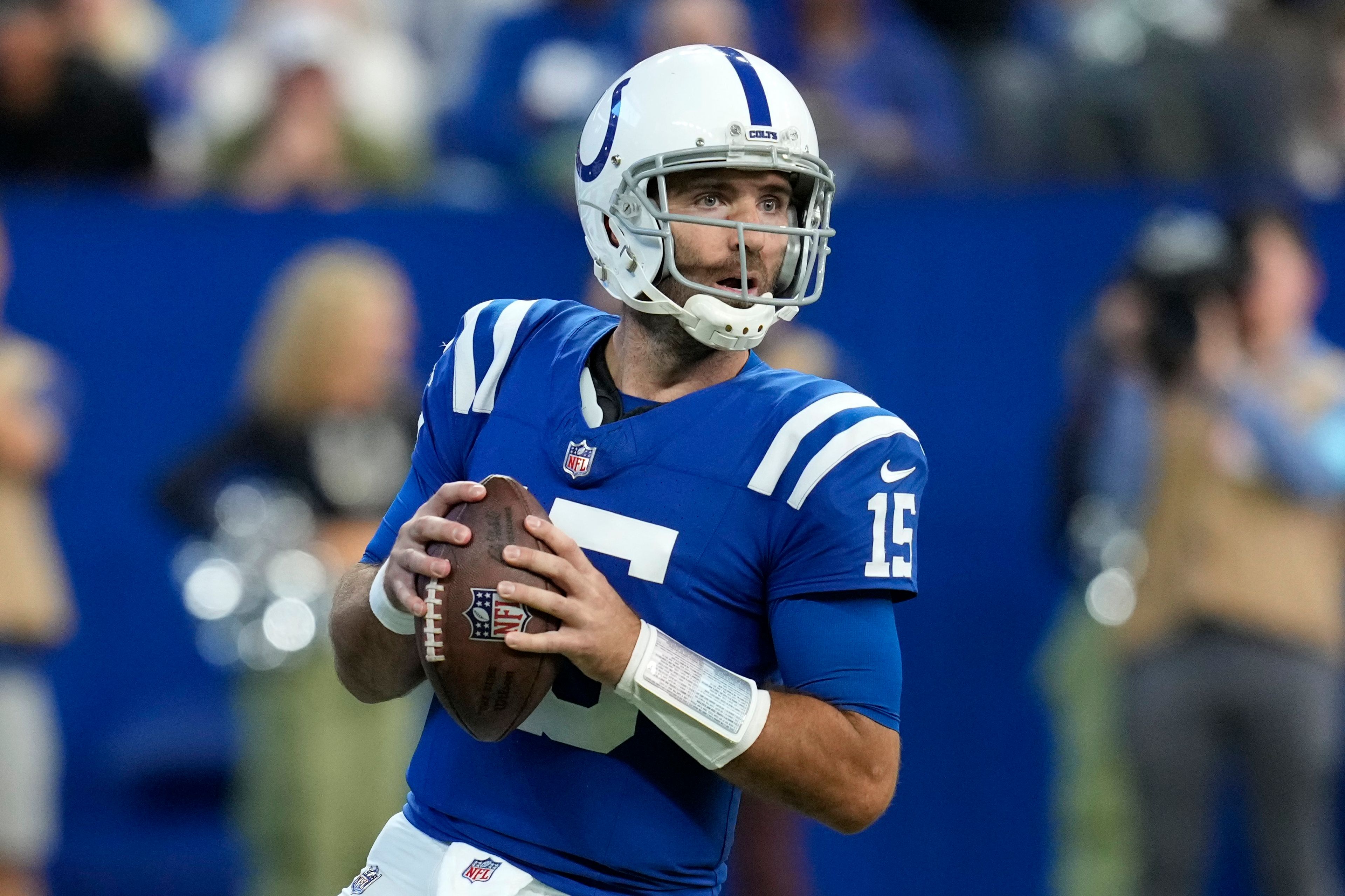 Indianapolis Colts quarterback Joe Flacco (15) looks to throw a pass during the second half of an NFL football game against the Buffalo Bills, Sunday, Nov. 10, 2024, in Indianapolis. (AP Photo/Darron Cummings)