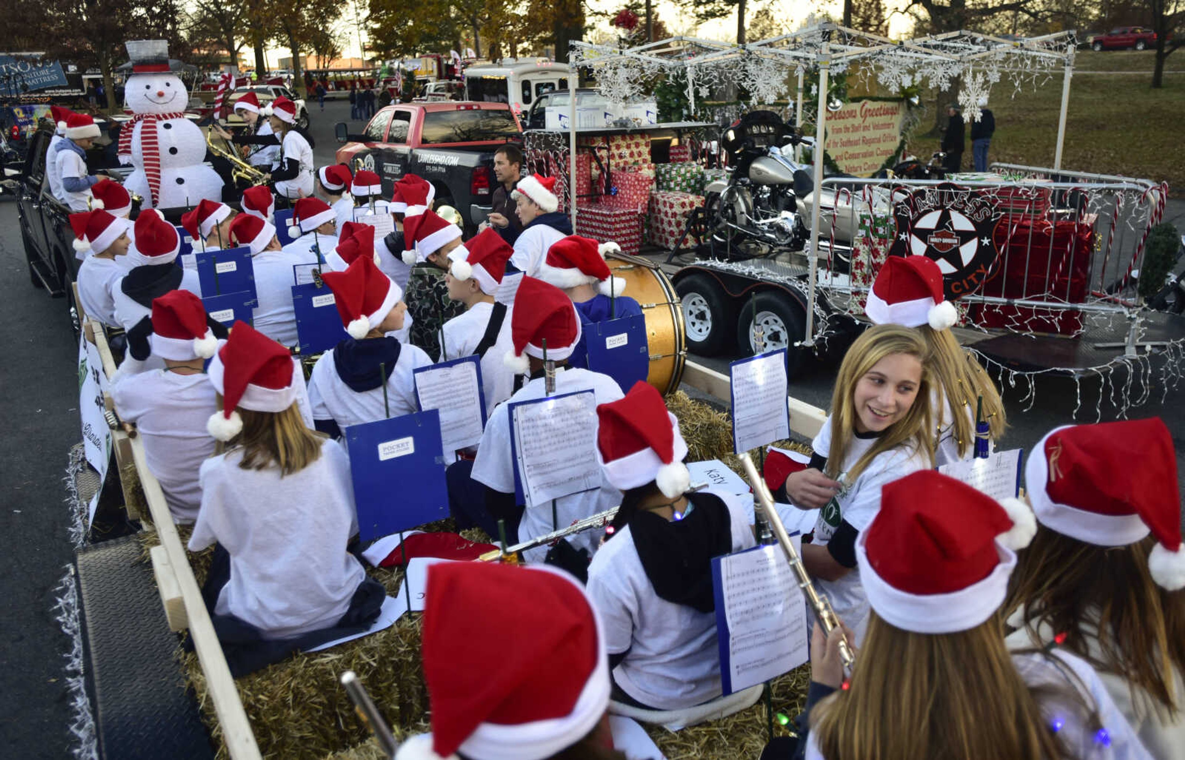 Members of the St. Vincent De Paul band await their performance in the 26th annual Parade of Lights under the direction of Sherrie Troxel Nov. 26, 2017, in Cape Girardeau.