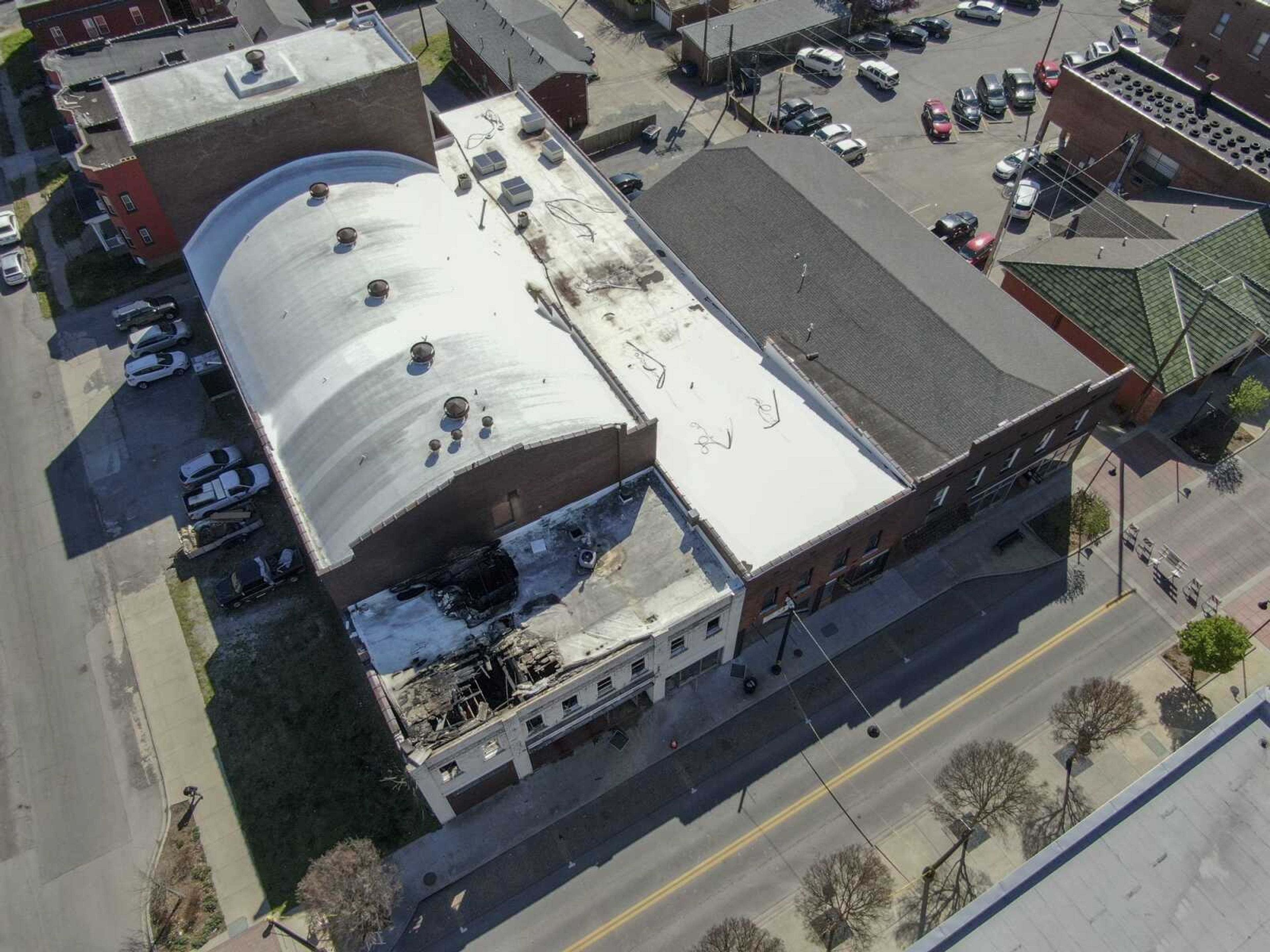 Damage done by Wednesday's fire to the former Broadway Theatre building in the 800 block of Broadway can be seen from above Thursday in Cape Girardeau.