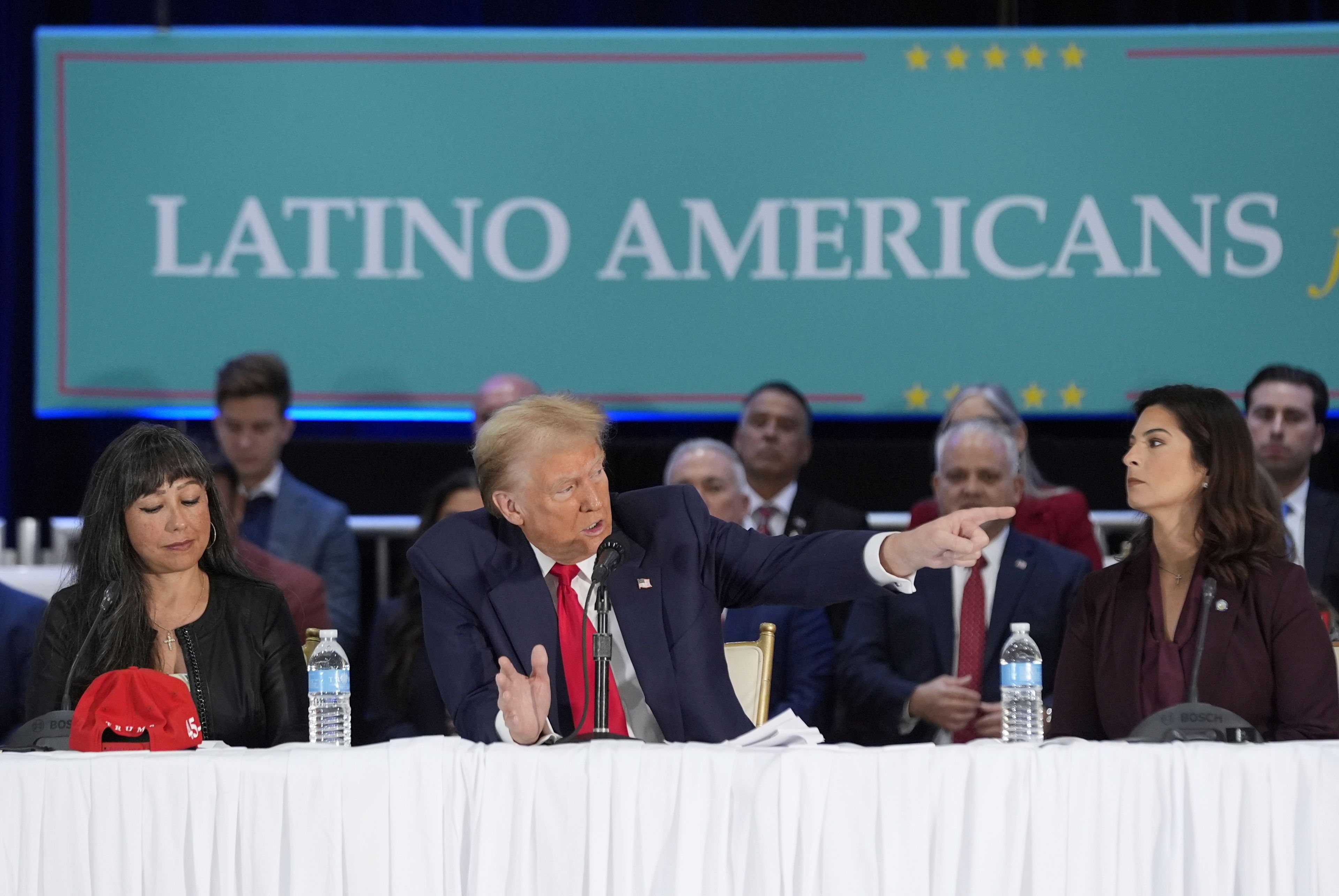 Republican presidential nominee former President Donald Trump participates in a roundtable with Latino leaders, Tuesday, Oct. 22, 2024 in Doral, Fla. (AP Photo/Alex Brandon)