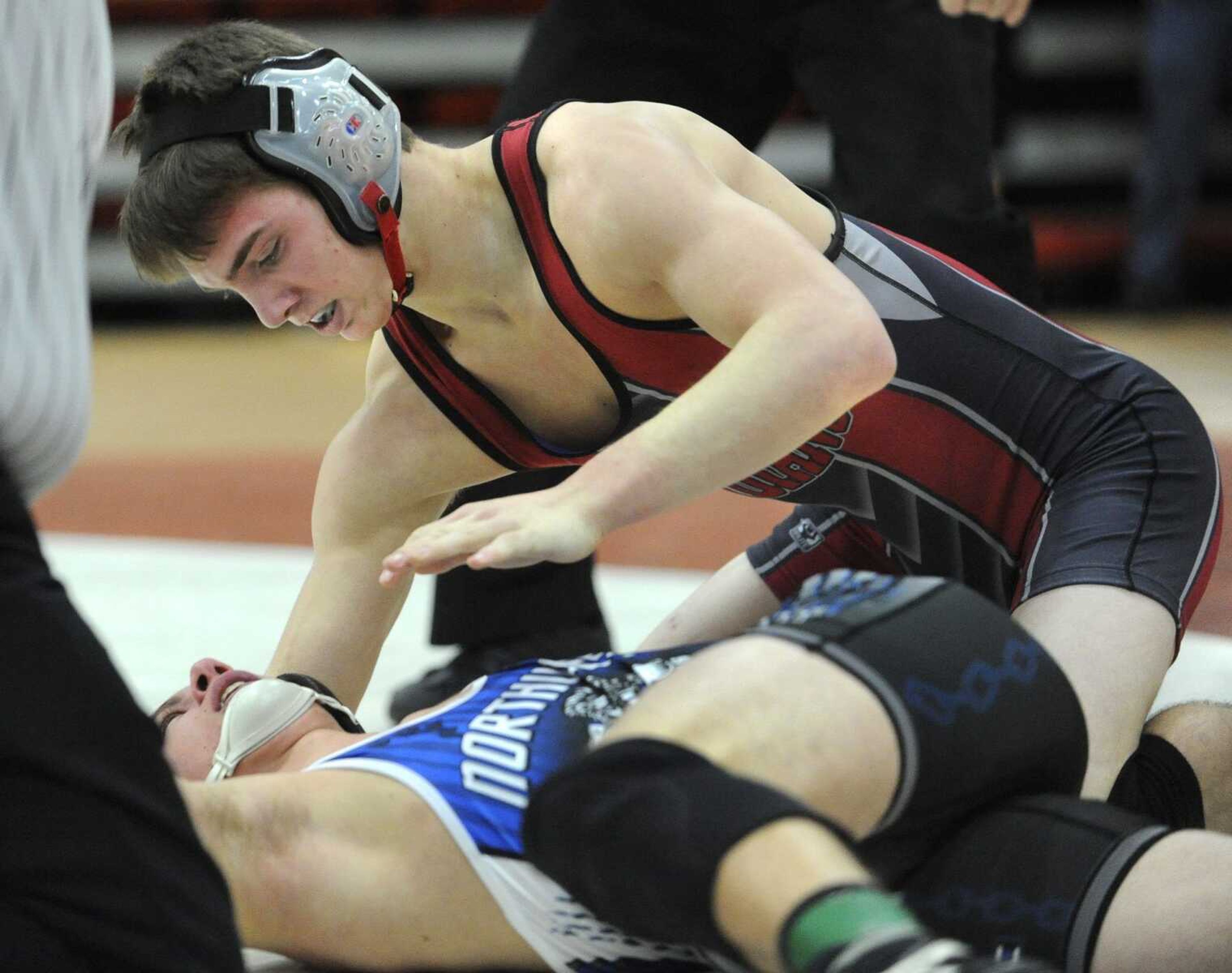 Jackson's Tyler Rush wins the 132-pound championship match by pinning Northwest's Keith Hejnal at the Tiger Classic on Saturday. Check out more photos from the Tiger Classic in our photo gallery at semoball.com. (Fred Lynch)