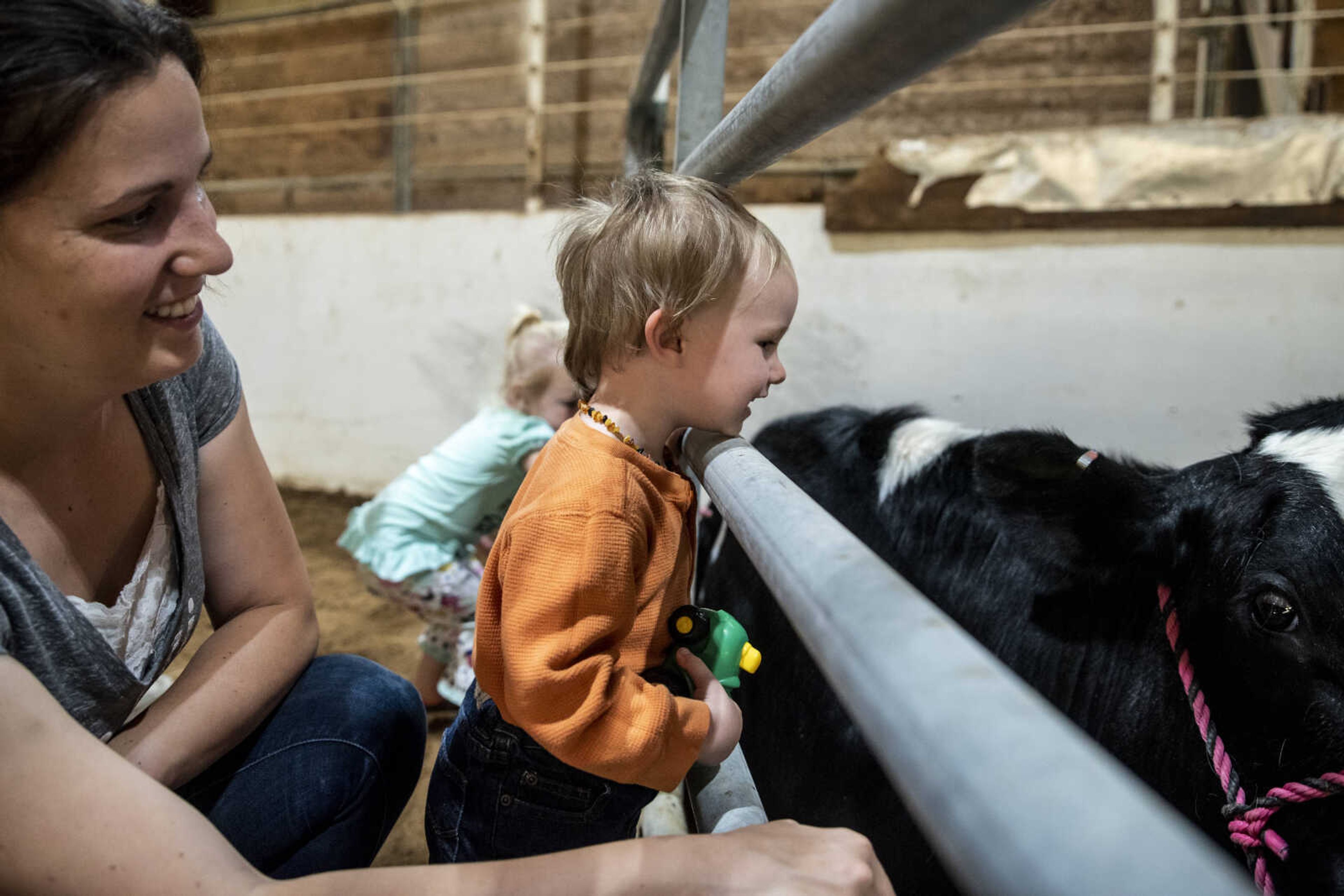 Daxton Zahner, 1, smiles at a 13-month-old holstein cow with his mom Samantha Zahner during the 24th annual Farm Day sponsored by the Southeast Missouri Cattlemen's Association at Flickerwood Arena Wednesday, April 24, 2019, in Jackson. Over 800 students attended Farm Day and learned about a variety of farm-related topics from forestry to soil conservation, as well as farm animals and honey bees.