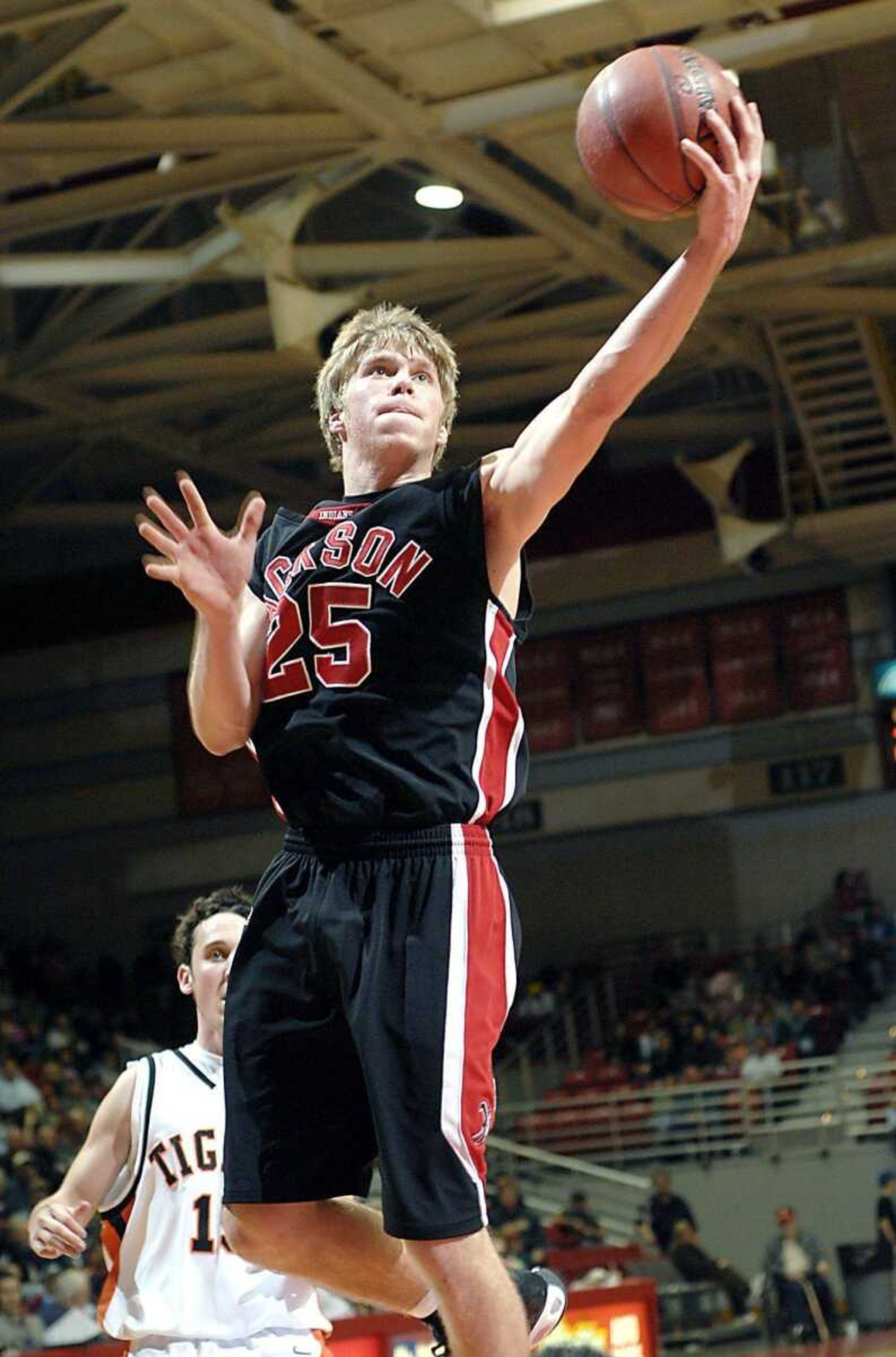 Jackson's Jake Leet flew in for two points against Central on Friday night at the Show Me Center.