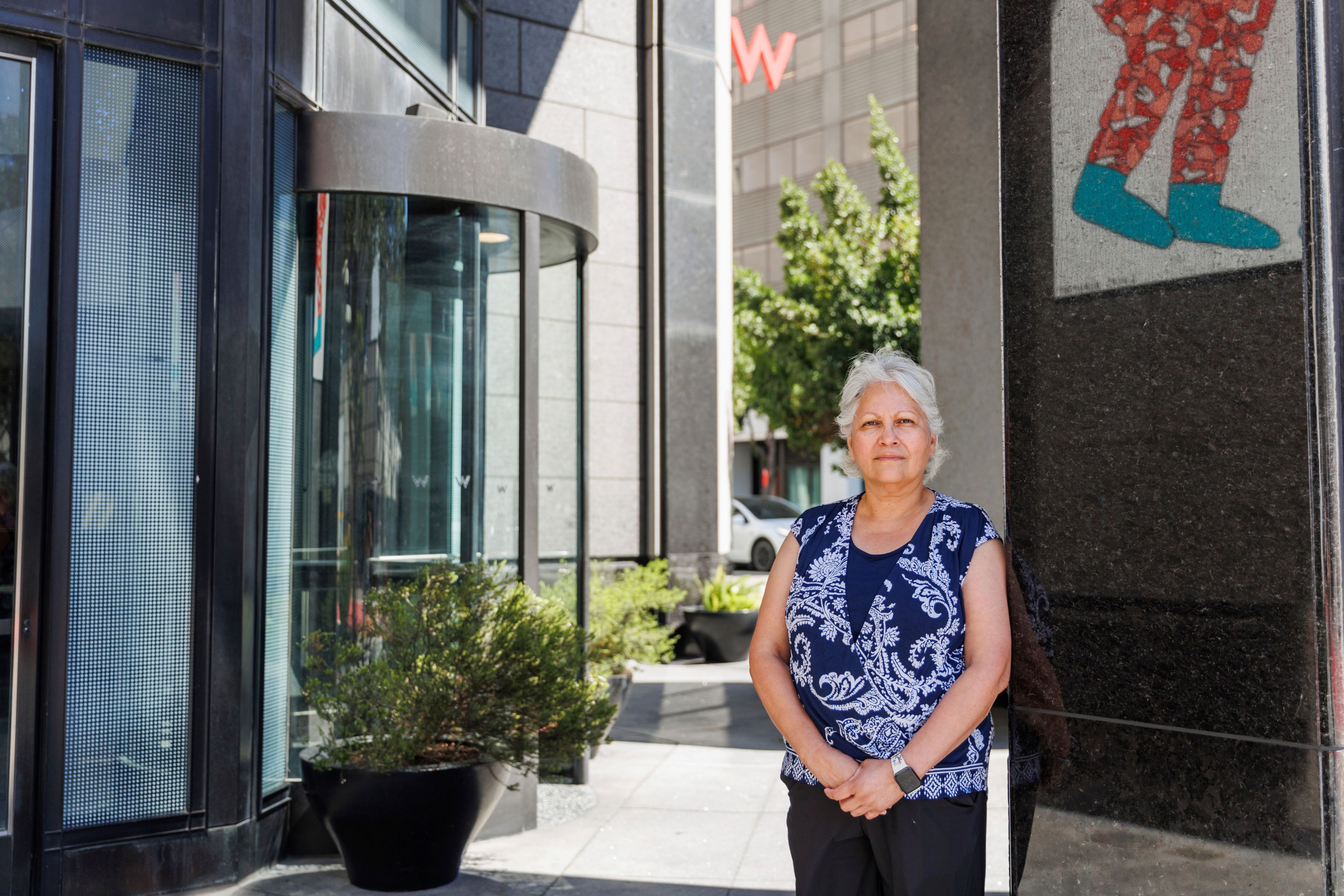 Unite Here Local 2 leader María Mata stands for a portrait in front of the W Hotel on Friday, Sept. 13, 2024, in San Francisco. (AP Photo/Juliana Yamada)