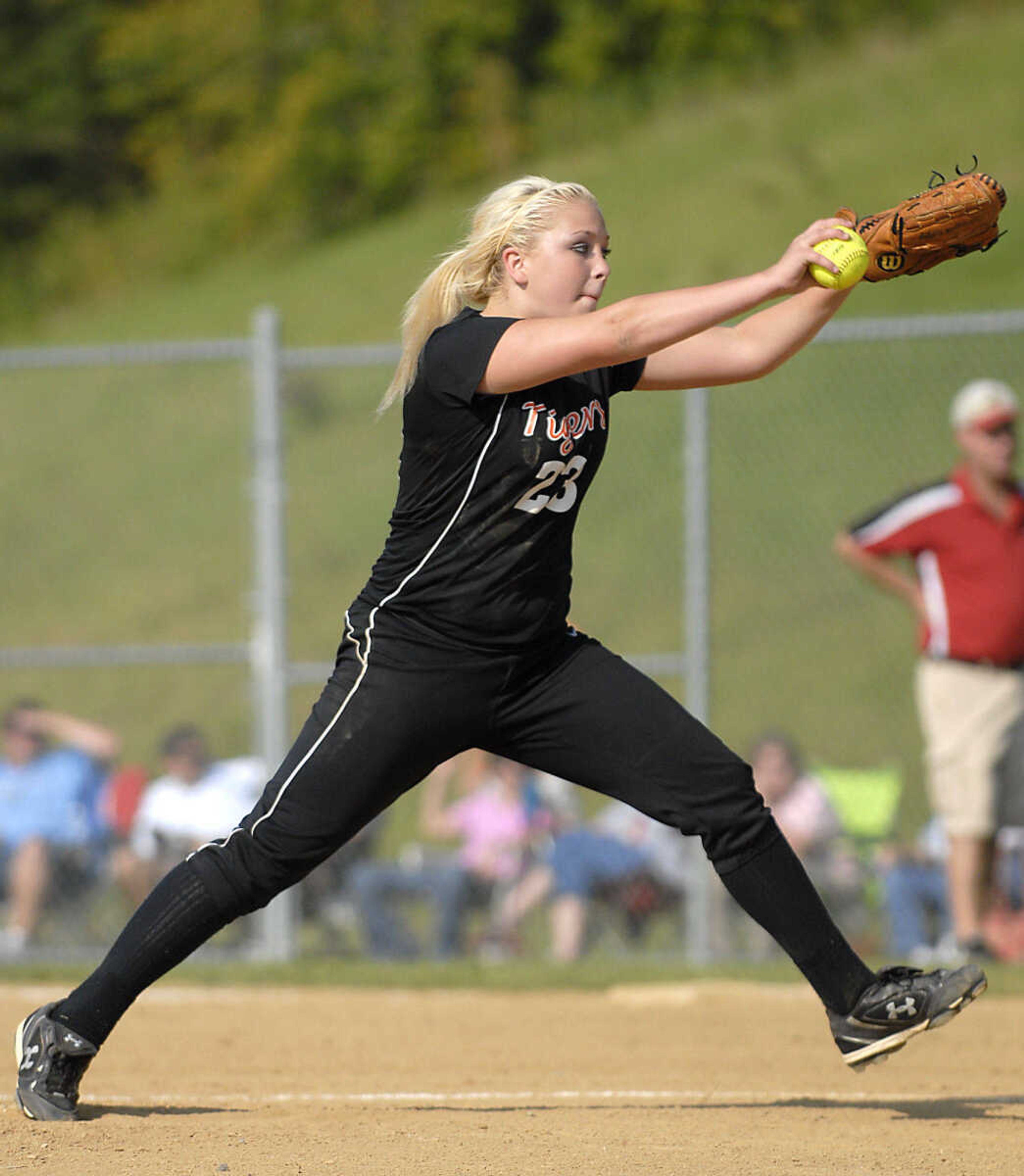 KIT DOYLE ~ kdoyle@semissourian.com
Central's Brittany Perkins pitches against Jackson Wednesday, September 2, 2009, in Cape Girardeau.