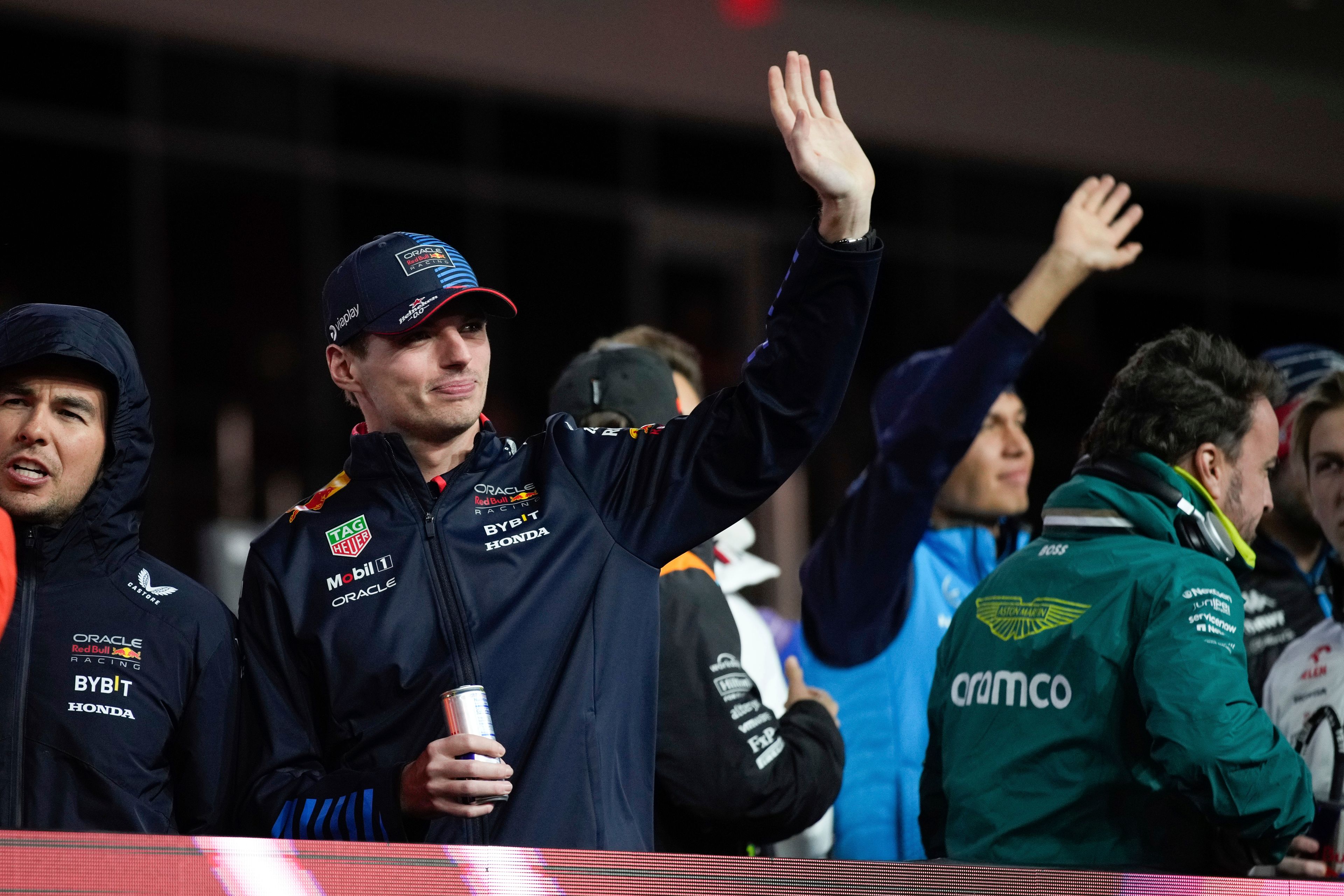 Red Bull driver Max Verstappen, of the Netherlands, waves before the F1 Las Vegas Grand Prix auto race, Saturday, Nov. 23, 2024, in Las Vegas. (AP Photo/John Locher)