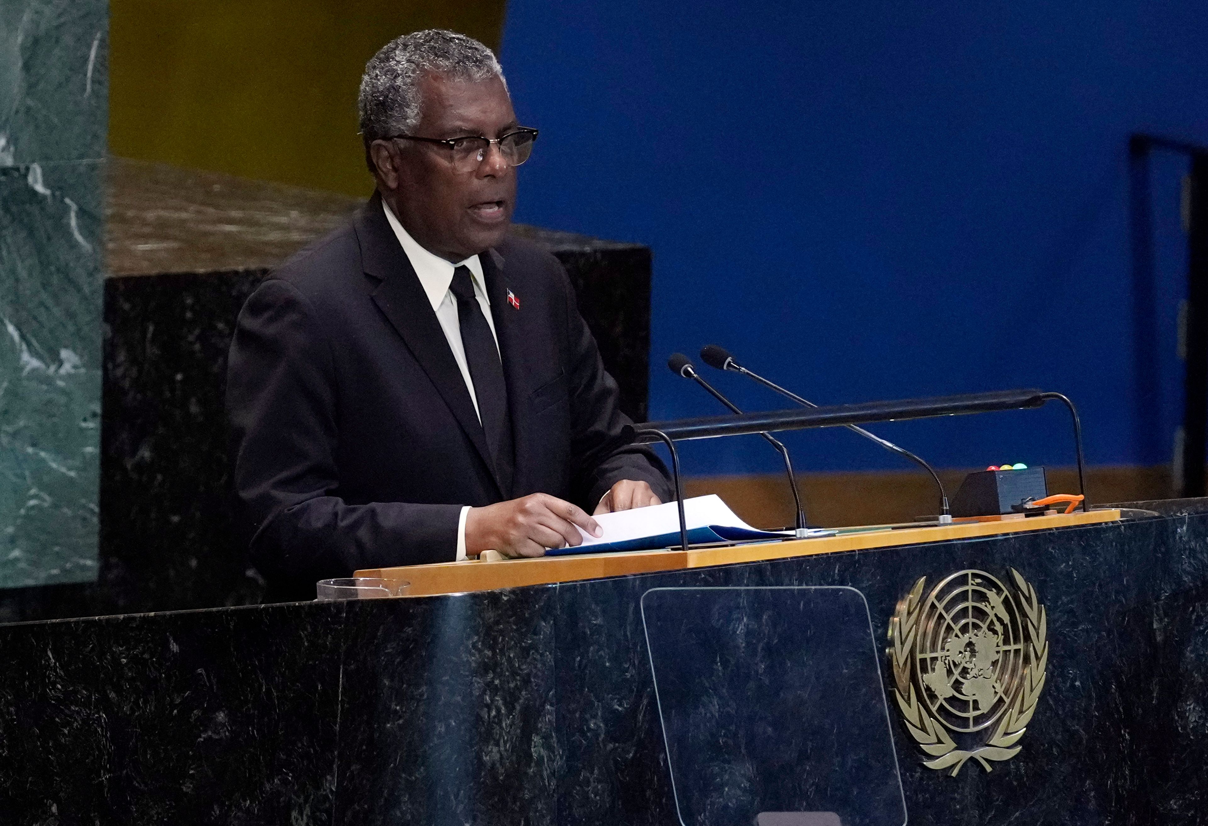 Bahamas Foreign Minister Frederick Mitchell addresses the the Summit of the Future, in the United Nations General Assembly, Monday, Sept. 23, 2024. (AP Photo/Richard Drew)