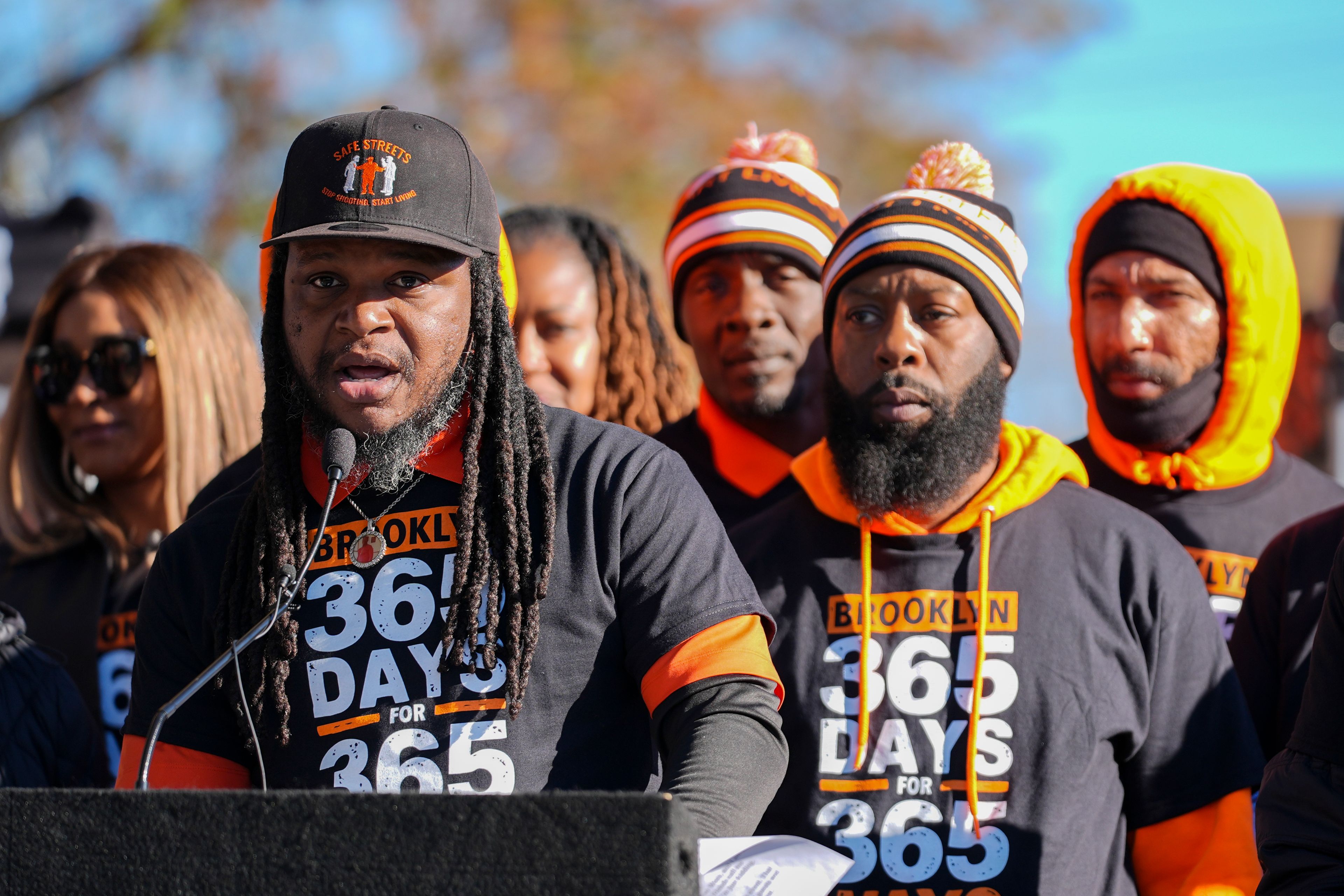 Sean Wees, director of Safe Streets' Brooklyn site, speaks during a press conference to celebrate achieving over 365 days without a homicide within the Brooklyn neighborhood Safe Streets catchment zone, Tuesday, Nov. 12, 2024, in Baltimore. (AP Photo/Stephanie Scarbrough)