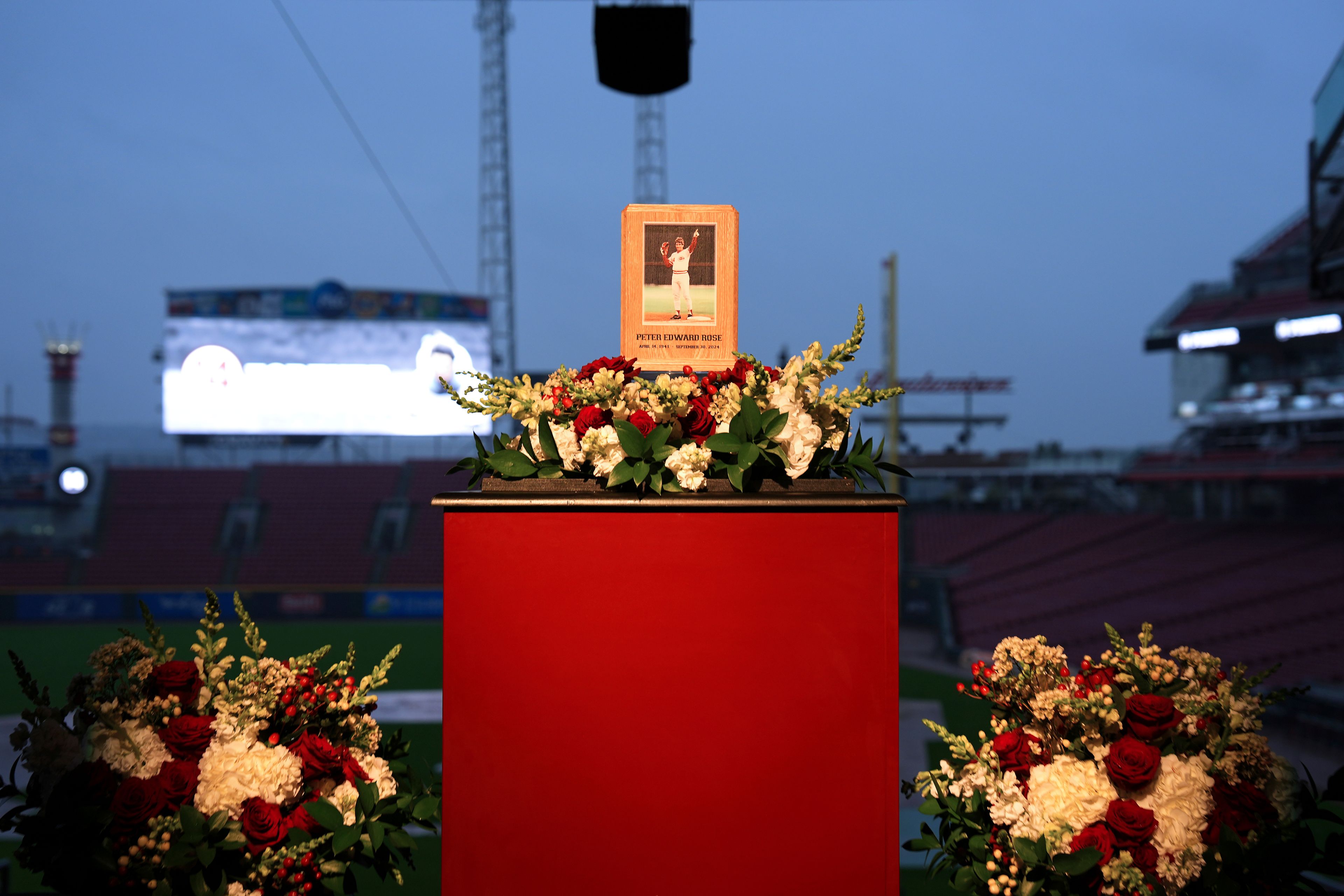 Baseball fans line up to pay their respects to Cincinnati Reds legend Pete Rose during a public visitation, Sunday, Nov. 10, 2024, at Great American Ball Park in Cincinnati. (AP Photo/Kareem Elgazzar)